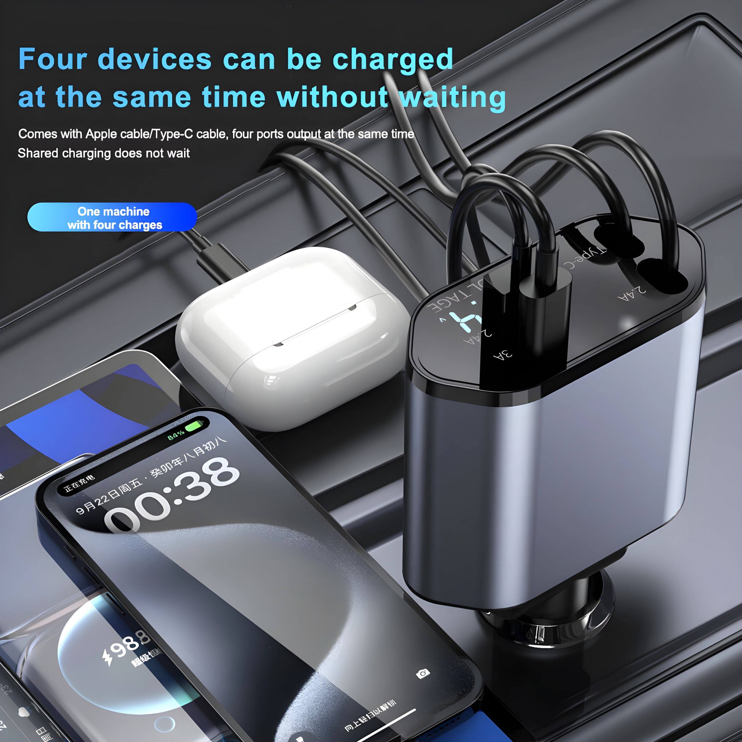 Four devices can be charged at the same time without waiting

Comes with Apple cable/Type-C cable, four ports output at the same time
Shared charging does not wait

One machine with four charges

V TAGE A 24A T- 2.4A 54% 0 922 00:38 C d. 988 2