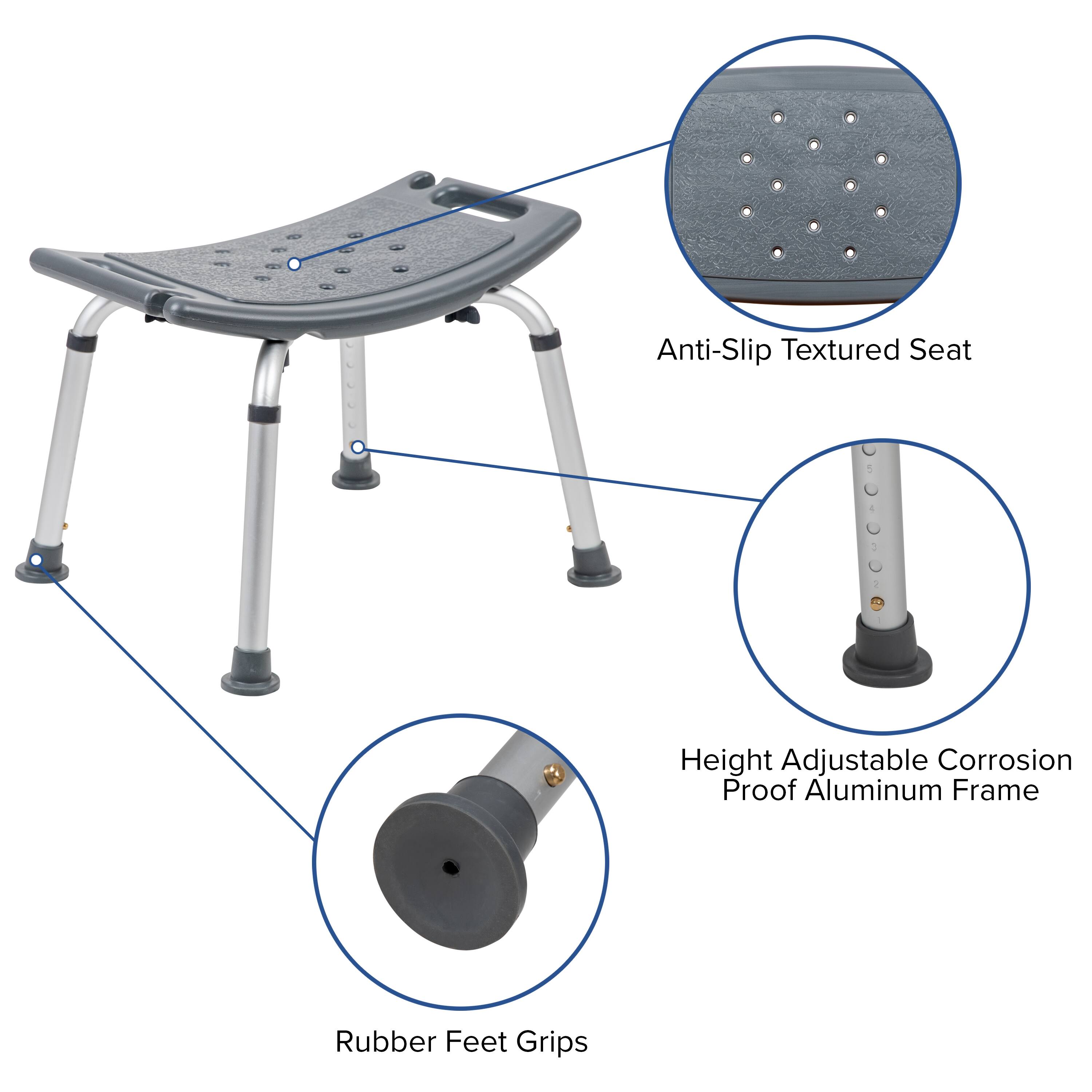 Anti-Slip Textured Seat  
Height Adjustable Corrosion Proof Aluminum Frame  
Rubber Feet Grips