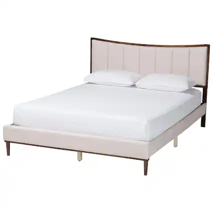 Front. Baxton Studio - Nikolai Mid-Century Channel Tufted Fabric and Wenge Brown Wood Queen Bed - Beige/Wenge Brown.