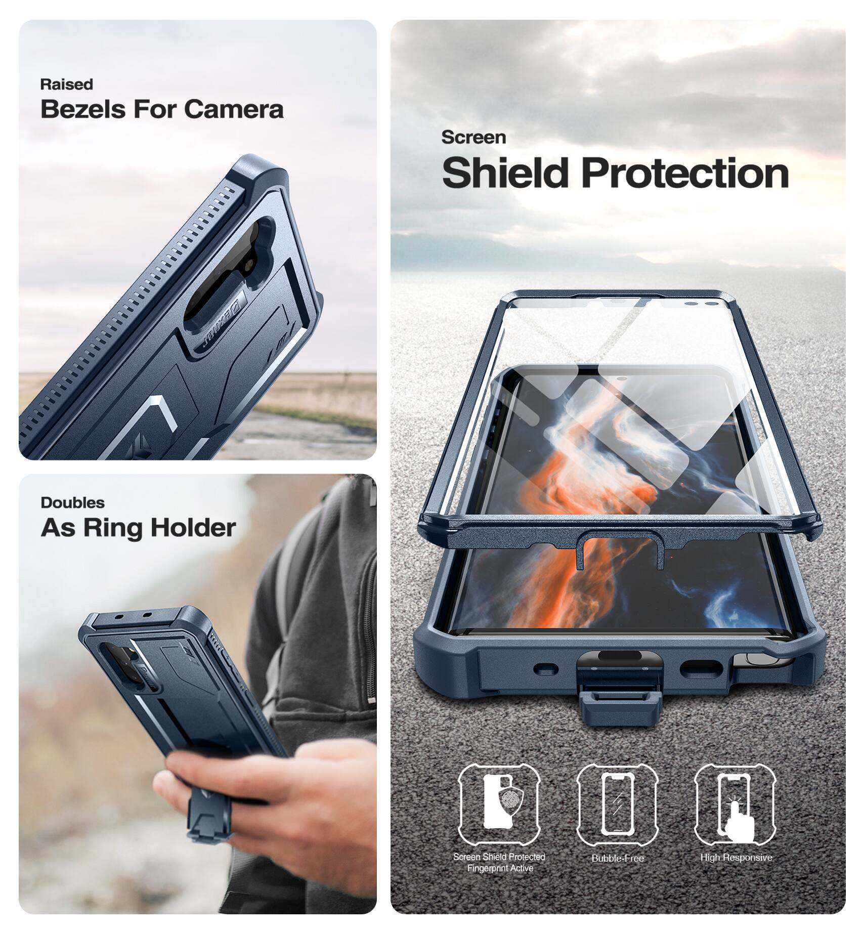 Raised Bezels For Camera  
Screen Shield Protection  
Doubles As Ring Holder  

Screen Shield Protected  
Fingerprint Active  
Bubble-Free  
High Responsive