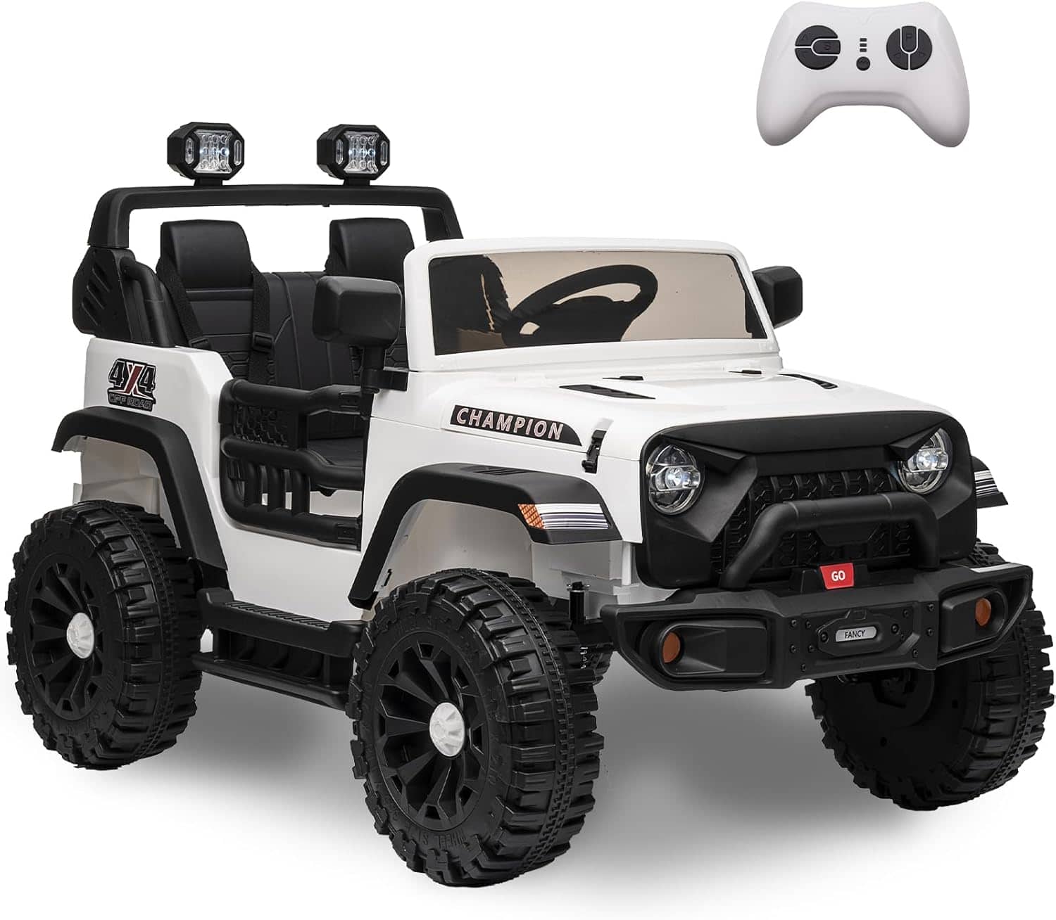 Jojoka - 24V 2-Seater Kids Ride-On Jeep, Dual 200W Motors, 4WD, Remote Control, LED Lights, Bluetooth, 7Ah Battery, MP3 Player - White