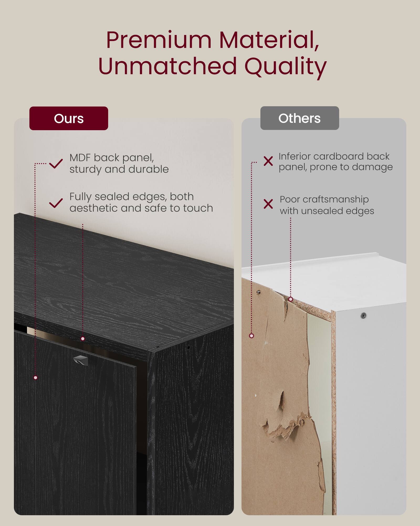 Premium Material, Unmatched Quality

Ours
- MDF back panel, sturdy and durable
- Fully sealed edges, both aesthetic and safe to touch

Others
- Inferior cardboard back panel, prone to damage
- Poor craftsmanship with unsealed edges