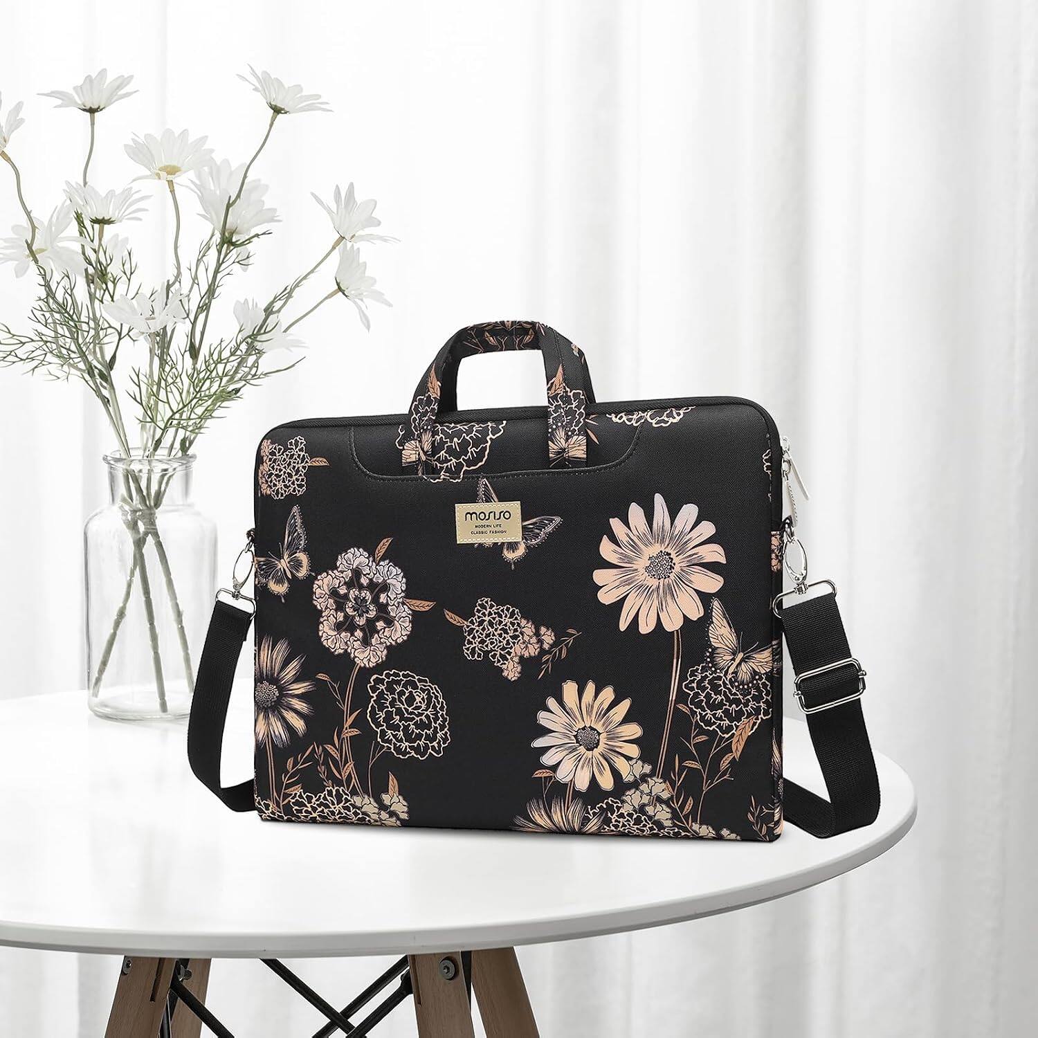Alt View 2. mosiso - Laptop Shoulder Bag 15-16 Inch, Laptop Briefcase Sleeve with Belt for 15-15.6 inch MacBook Air Pro HP Dell ASUS Acer - Vintage Floral.