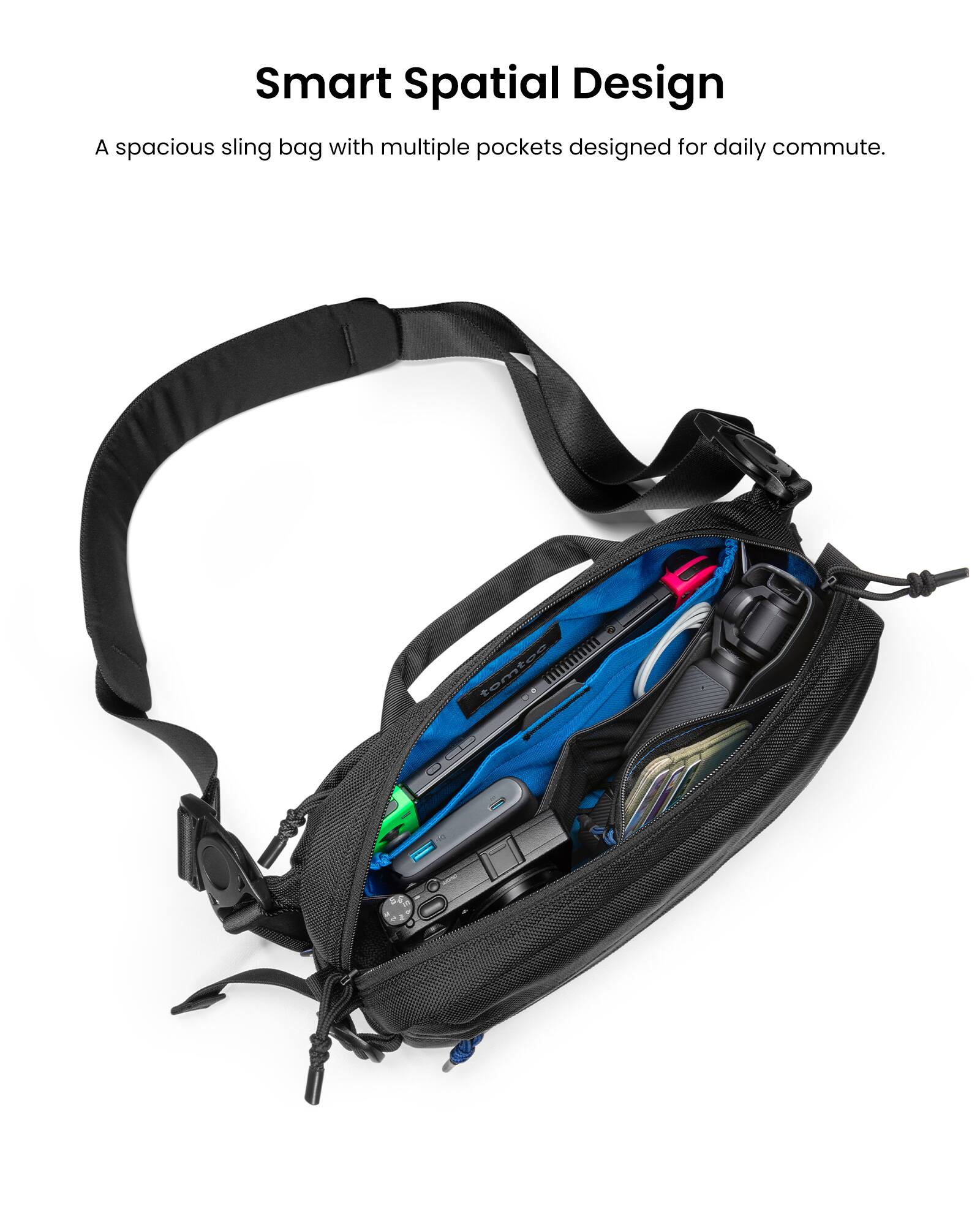 Smart Spatial Design: A spacious sling bag with multiple pockets designed for daily commute.
