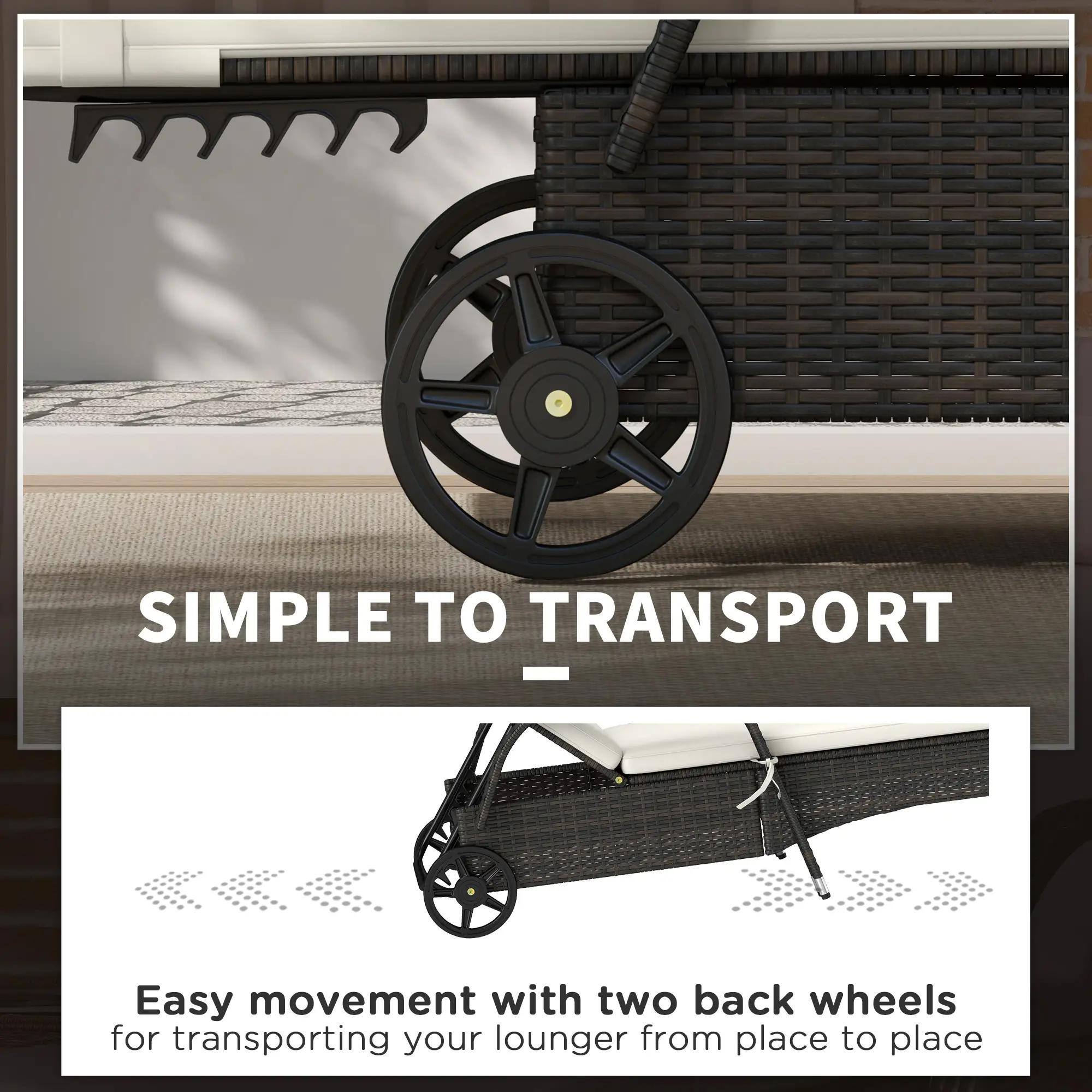 SIMPLE TO TRANSPORT
Easy movement with two back wheels for transporting your lounger from place to place