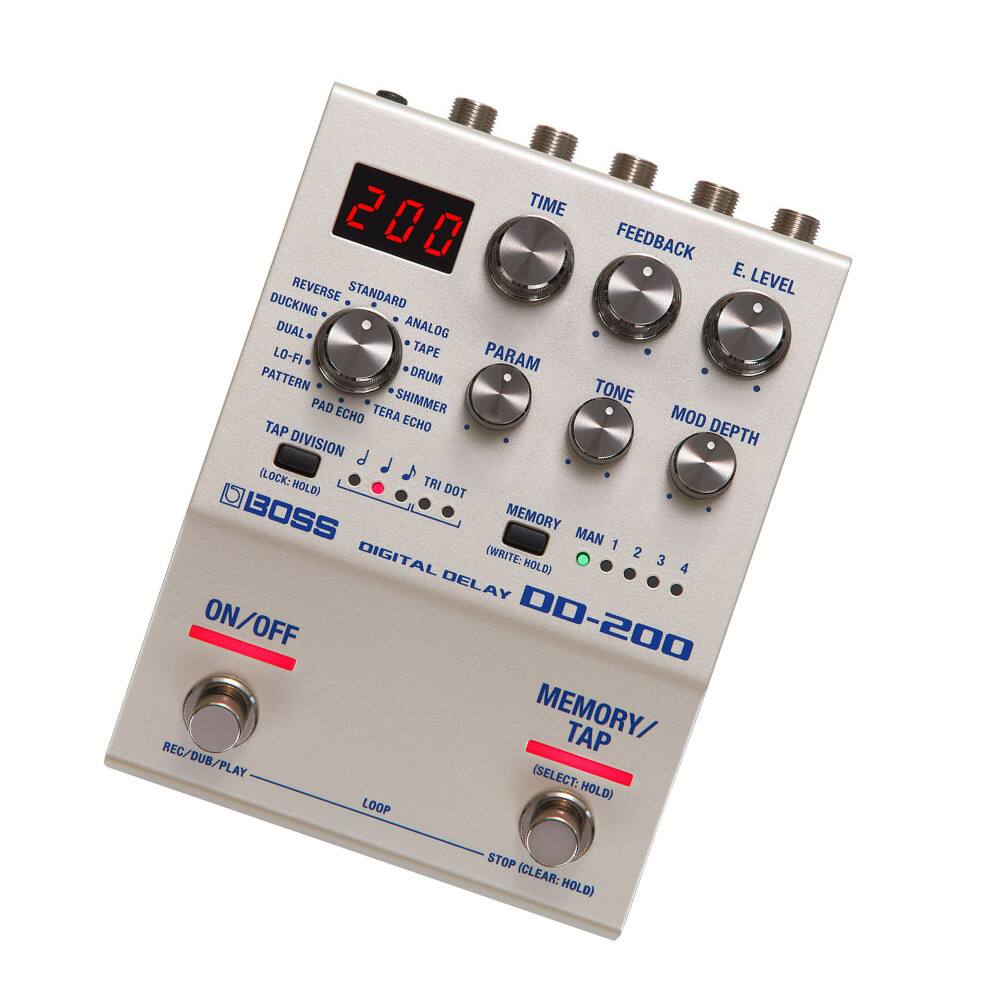 TIME 200 FEEDBACK E. LEVEL REVERSE STANDARD DUCKING ANALOG TAPE LO-FI PATTERN DRUM SHIMMER PAD ECHO TERA ECHO MOD TAP DIVISION d (LOCK: HOLD) TRI DOT BOSS DD-200 DIGITAL DELAY MEMORY/ TAP (SELECT: HOLD) (WRITE: HOLD) MEMORY MAN 1 2 3 4 ON/OFF (REC/DUB/PLAY) LOOP STOP (CLEAR: HOLD)