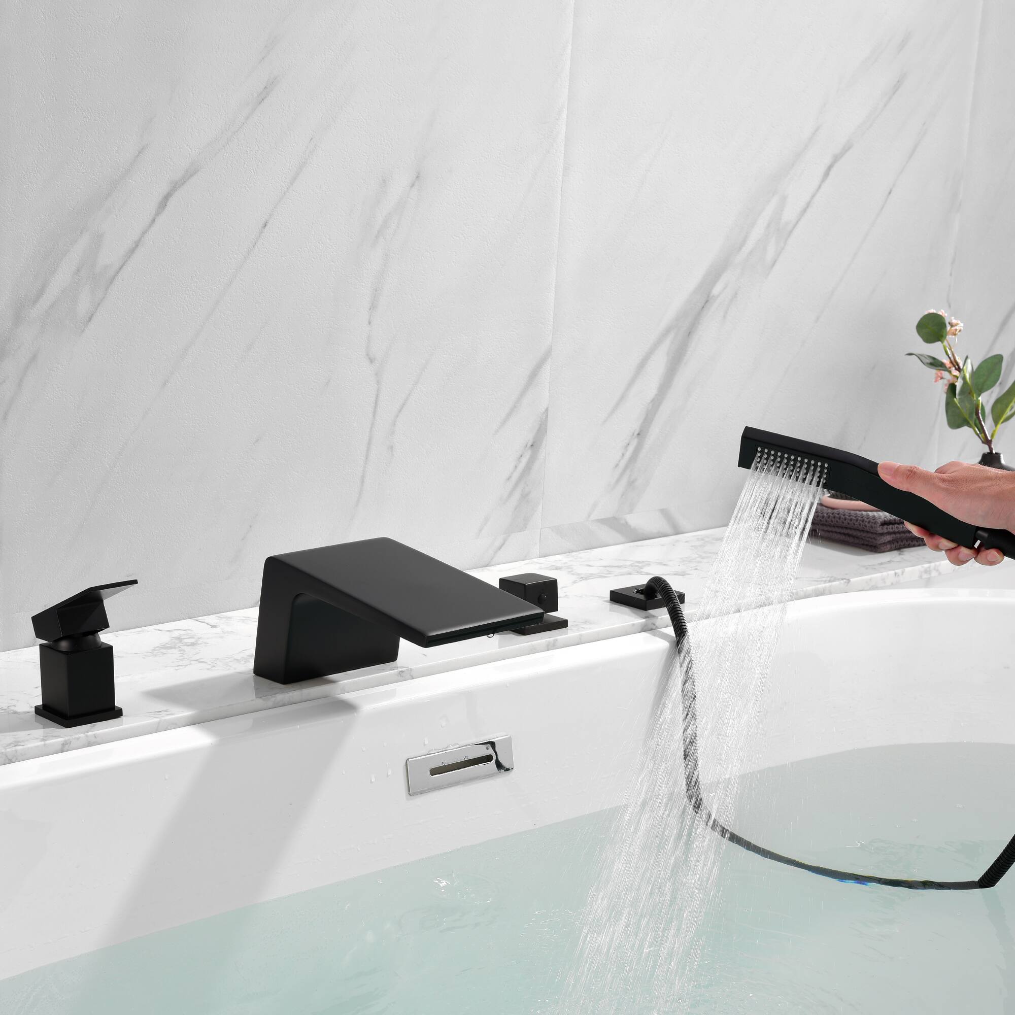 Alt View 9. Boyel Living - Single-Handle Tub Deck Mount Roman Tub Faucet with Hand Shower and Water Suply Hose in Matte Black - Matte Black.