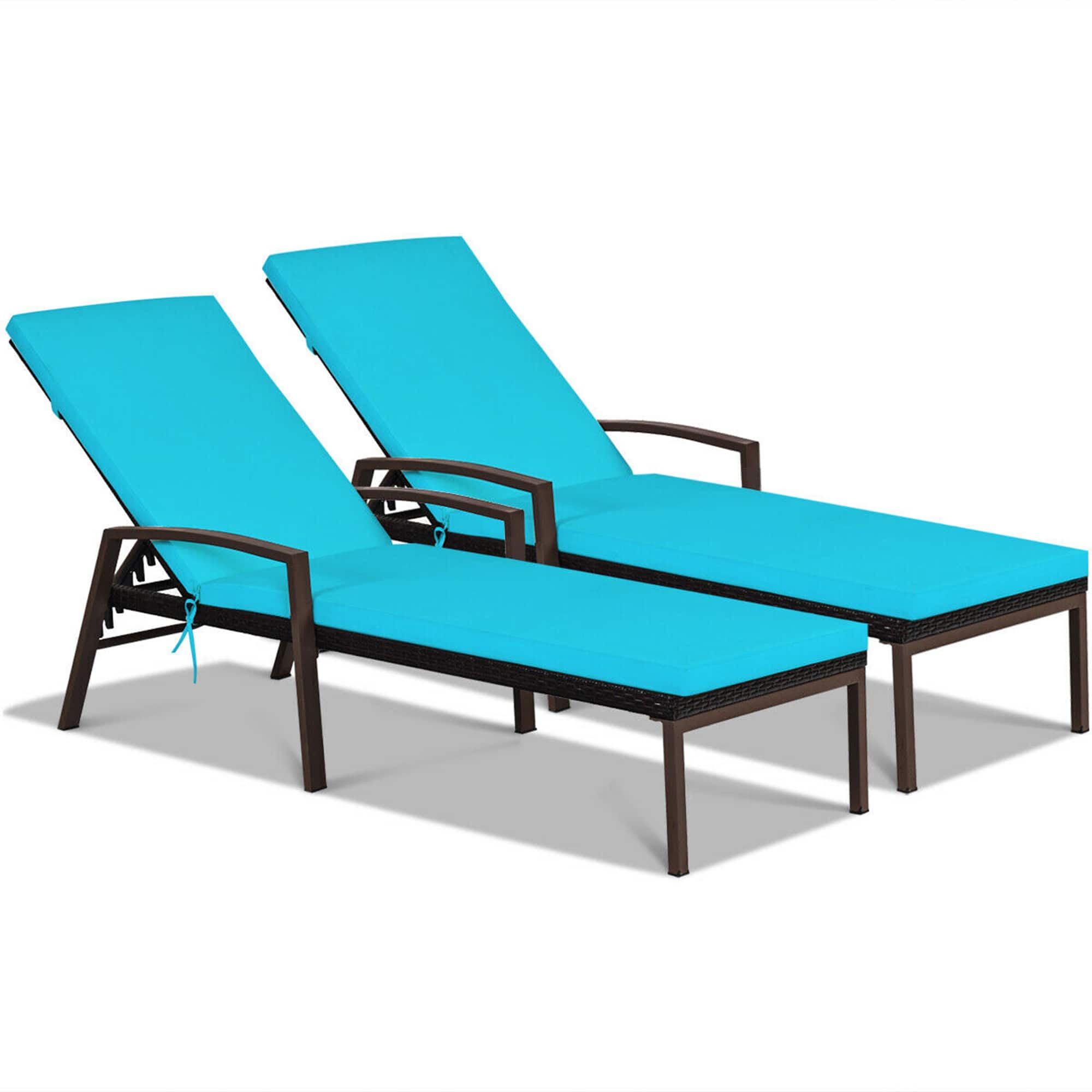 Gymax - 2PCS Adjustable Patio Rattan Chaise Recliner Lounge Chair w/ Turquoise Cushion - as pic