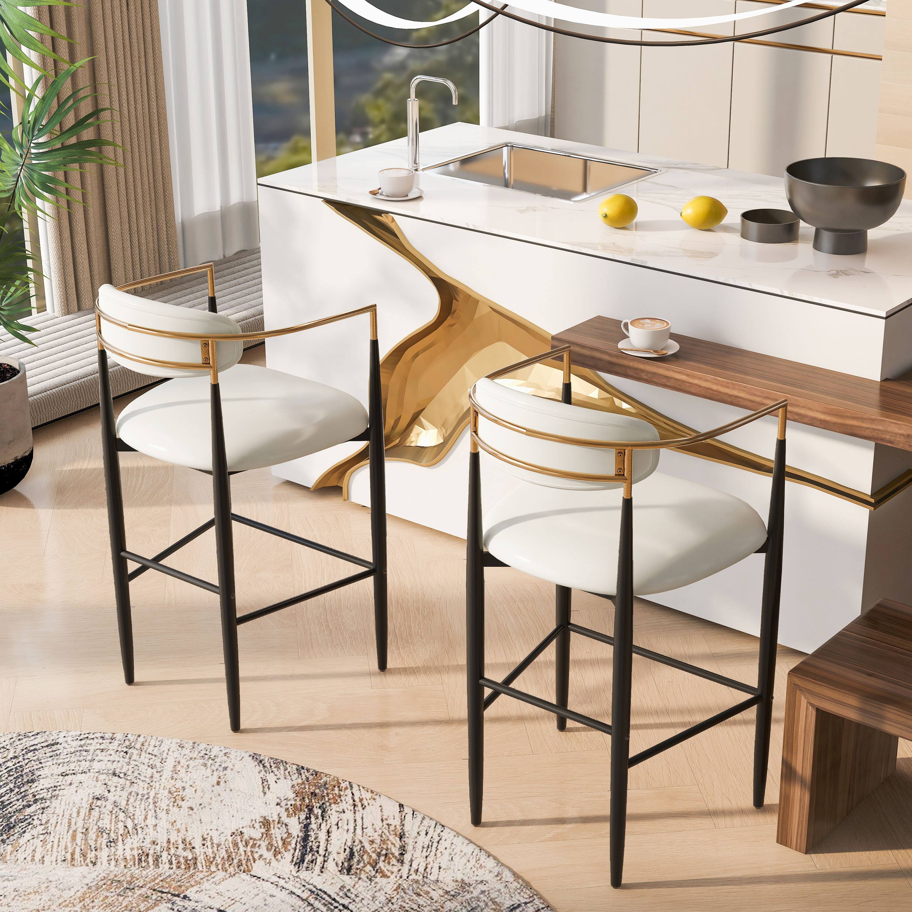 Angle. APRILSOUL - Barstools Set of 2 Upholstered Back Kitchen Island Beige Faux PU Leather Black Iron 260LBS - White.