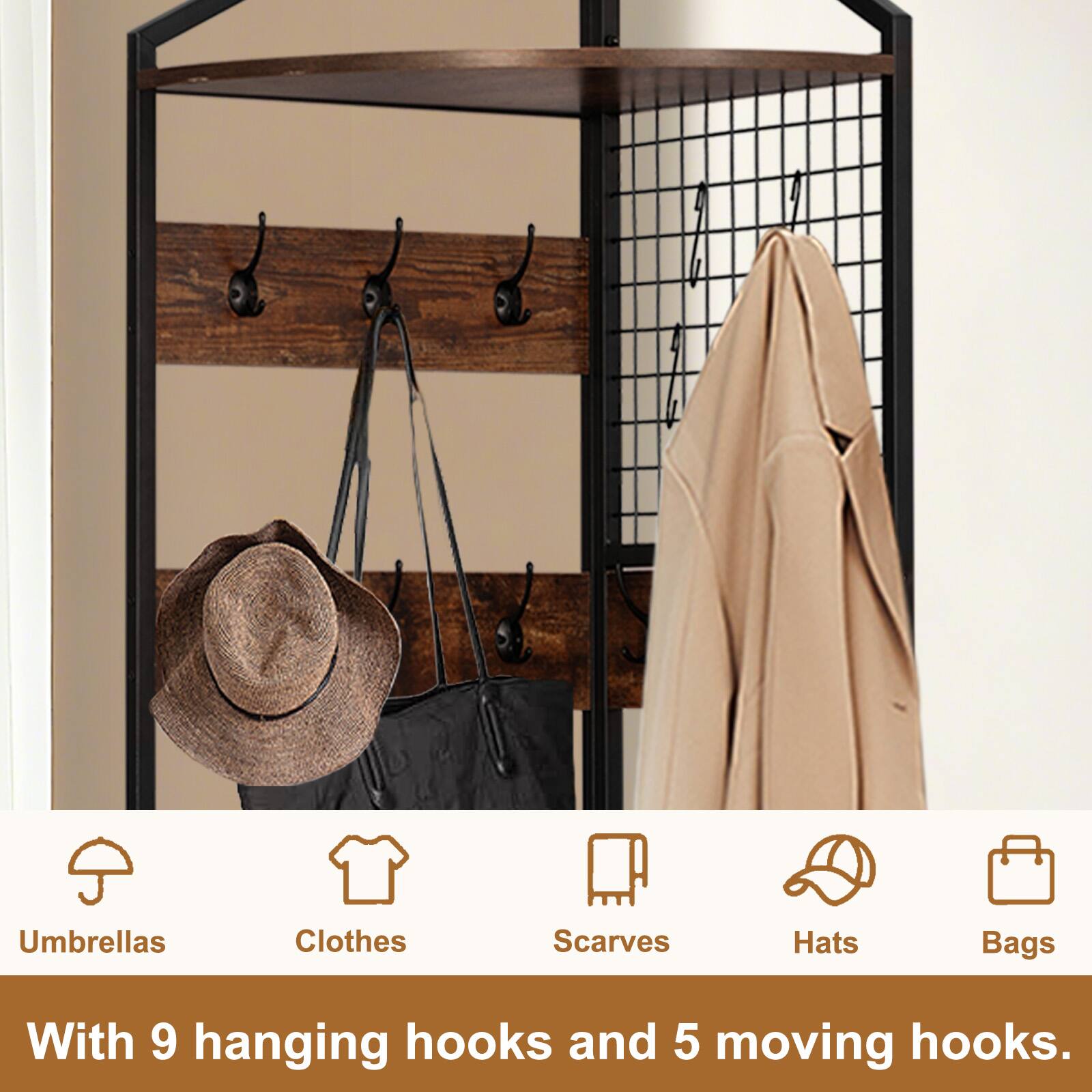 Umbrellas Clothes Scarves Hats Bags

With 9 hanging hooks and 5 moving hooks.