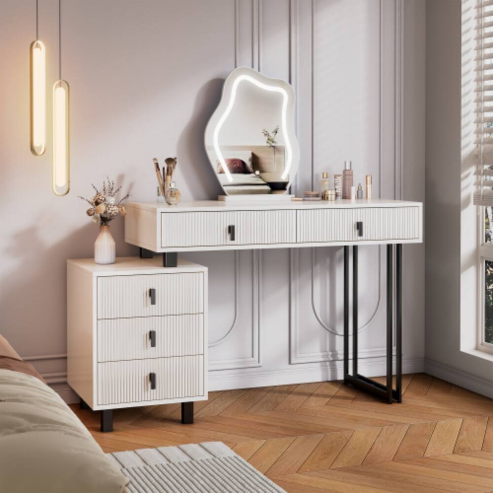 Alt View 4. LUCKY ONE - Adjustable Vanity with Cloud LED Mirror, Storage Drawers and Side Cabinet for Bedroom - White.