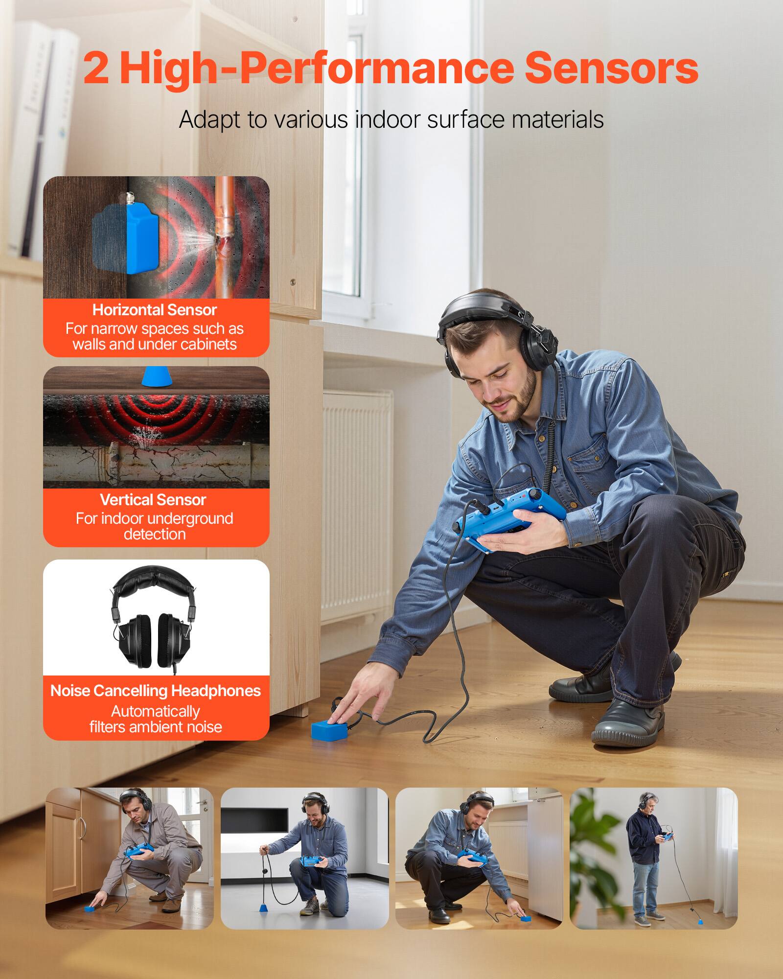 2 High-Performance Sensors  
Adapt to various indoor surface materials

- Horizontal Sensor  
  For narrow spaces such as walls and under cabinets

- Vertical Sensor  
  For indoor underground detection

- Noise Cancelling Headphones  
  Automatically filters ambient noise