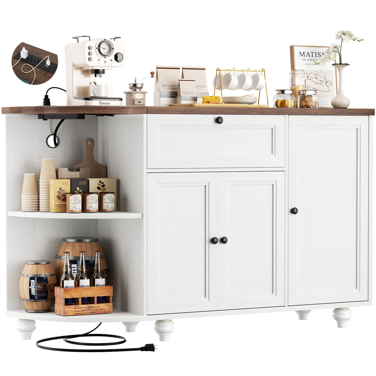 "Aheaplus - 55""Wooden Sideboard Cabinet with Power Outlets, Coffee Bar, Wine Rack & Solid Wood Legs - White and Rustic Brown" price history on PriceWatchPro