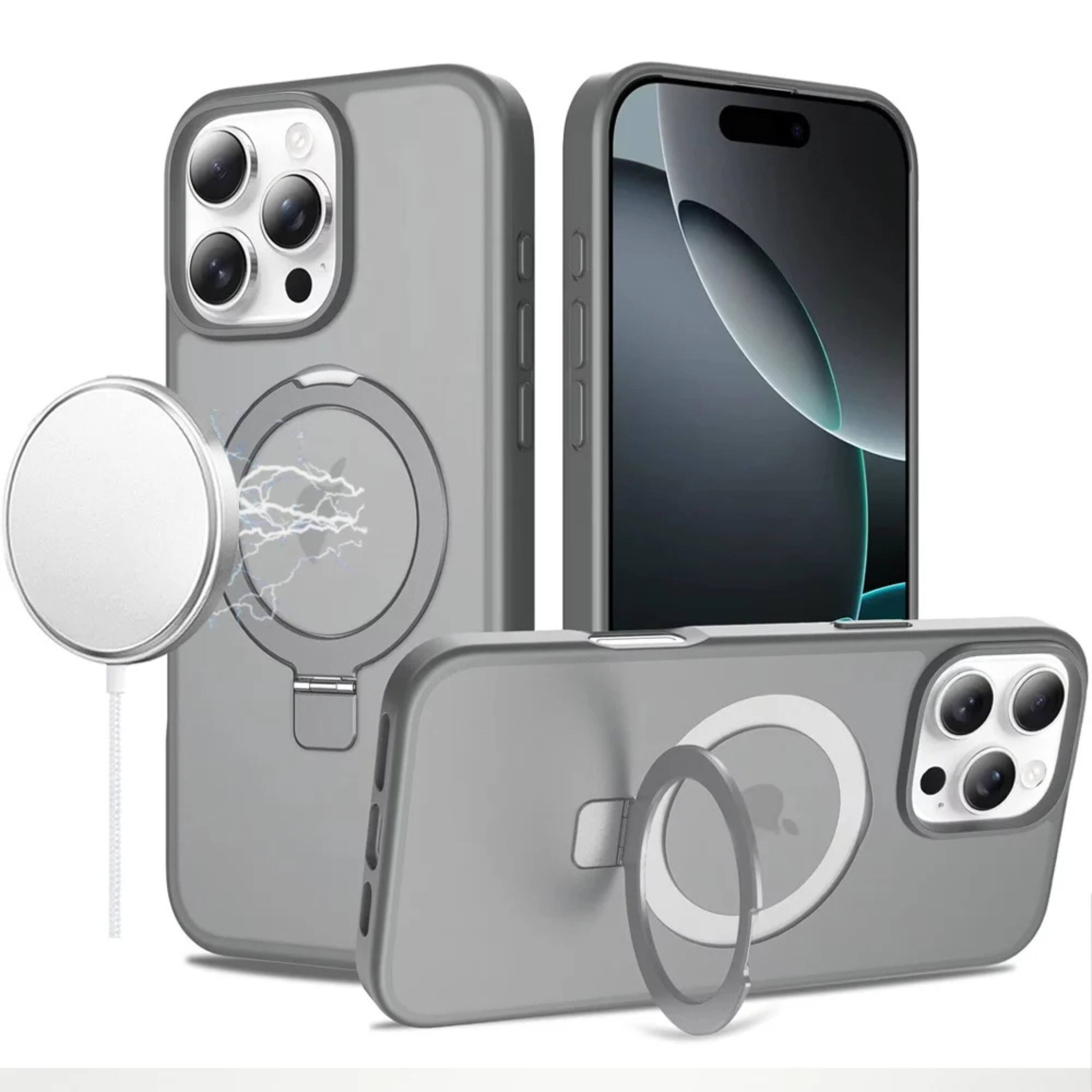 Front. Kitcheniva - Metal Circle Ring Stand Rugged Case With Tempered Glass For iPhone 16 Pro Max Grey - Grey.