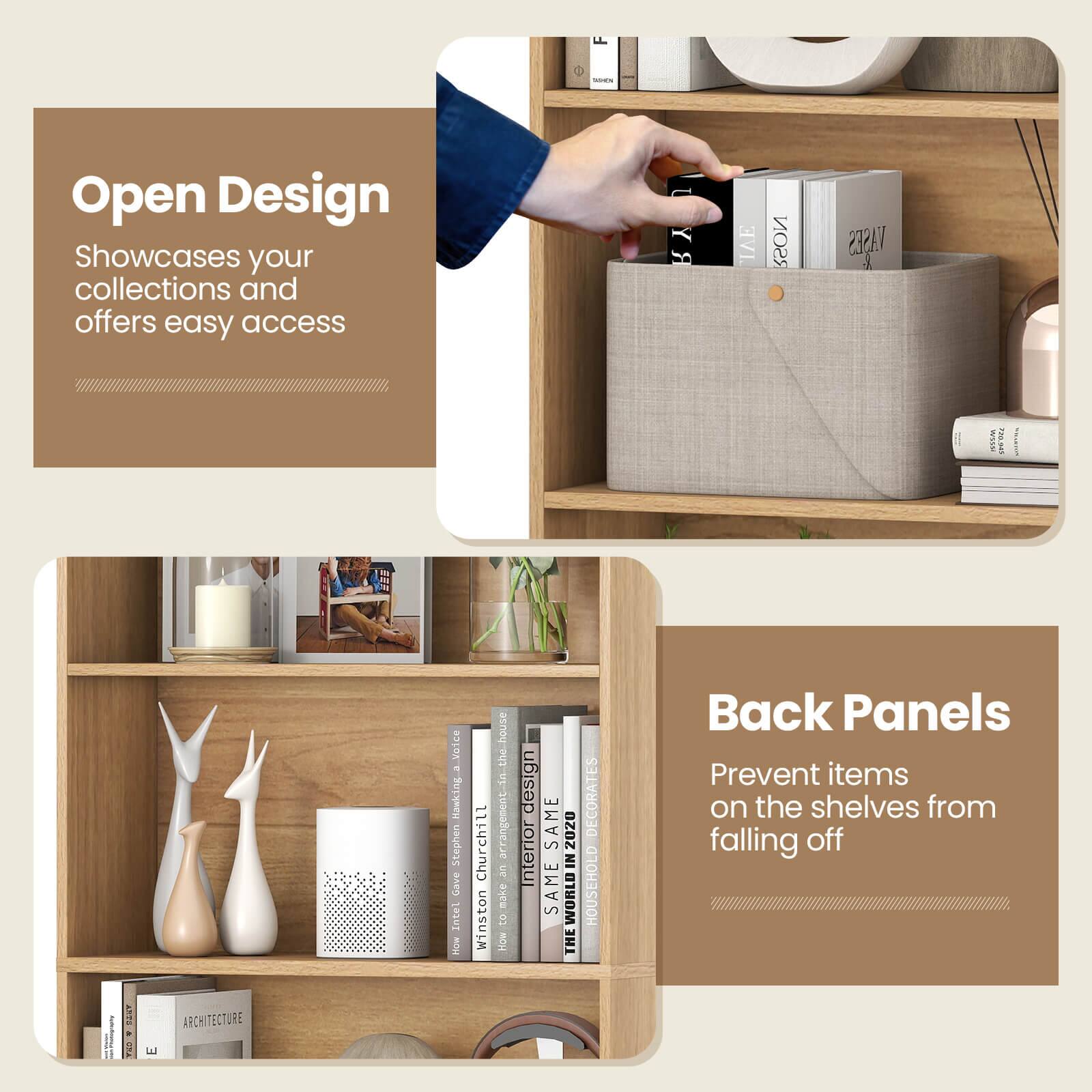 - Open Design  
Showcases your collections and offers easy access

- Back Panels  
Prevent items on the shelves from falling off