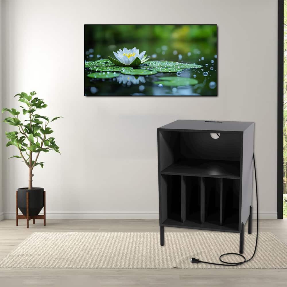 Hivvago - Turntable Stand with Vinyl Record Storage and Built-in Charging Ports - Black