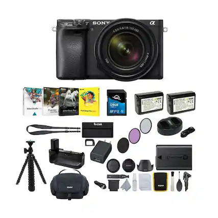 The image features a Sony camera and its accessories laid out on a table. The camera is positioned in the upper left corner of the image, while the accessories are spread out across the table. The accessories include a tripod, a strap, a lens, a filter, and a memory card. The memory card is located in the lower right corner of the image, while the filter is situated in the middle right area. The strap is placed in the middle left section of the table, and the tripod is located in the lower left corner. The lens is placed in the upper right area of the table. Overall, the image showcases a comprehensive view of the Sony camera and its accompanying accessories.