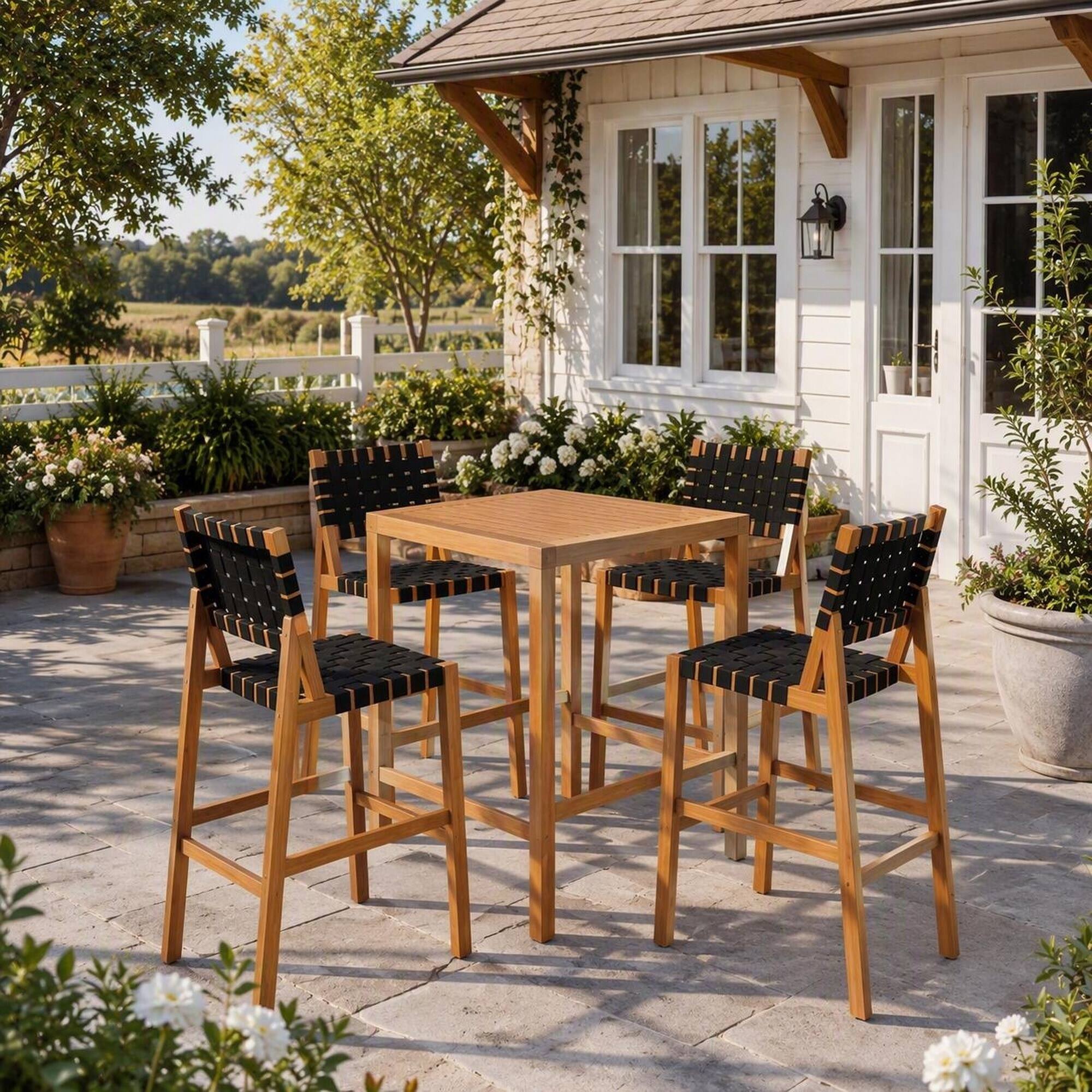 Angle. RYHNUYNE - 30.5" Seat Height 5‑Piece Wood Patio Bar Set,Teak Finish Frame with Black PE Woven Rope,Comfortable Seating - Teak+ Black.