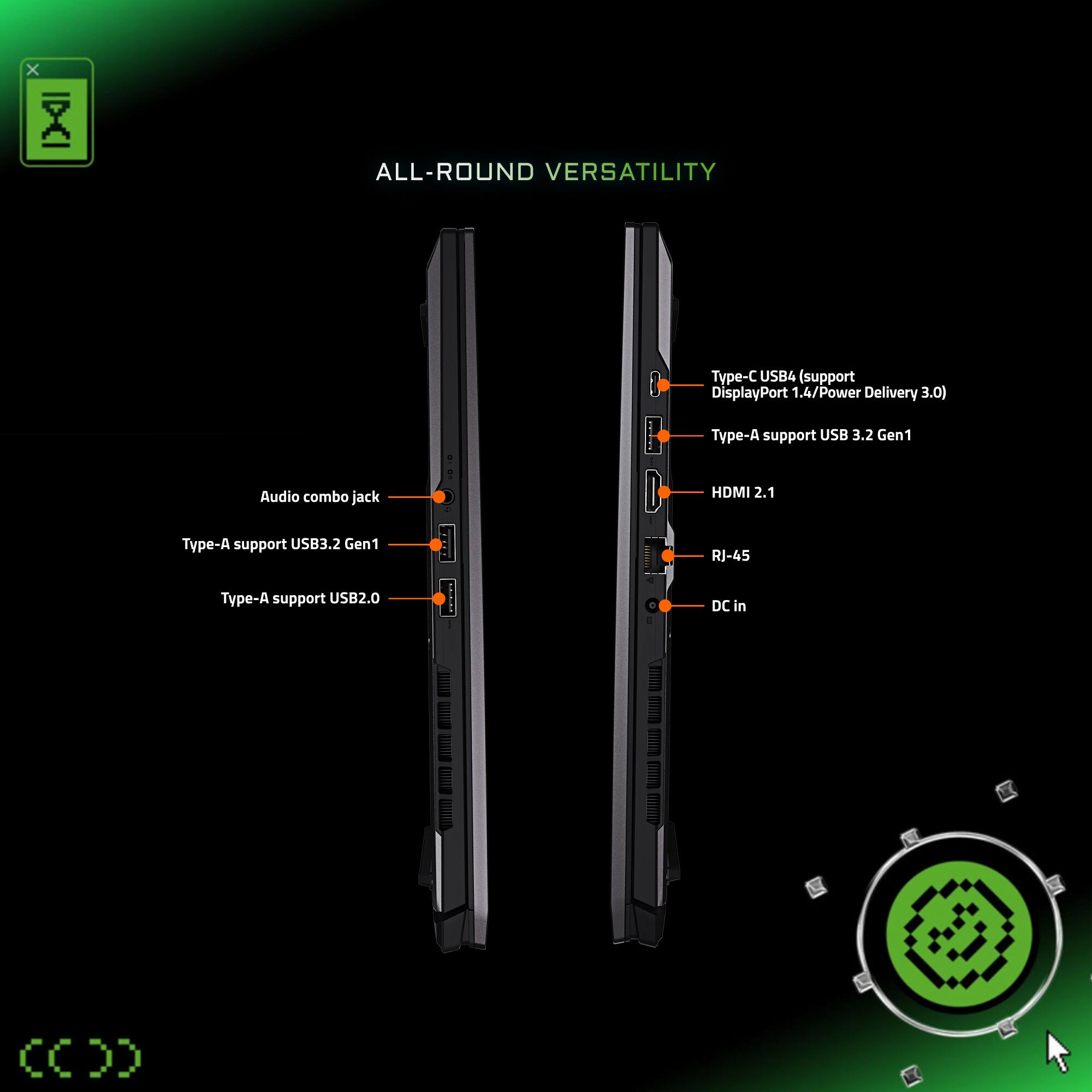 ALL-ROUND VERSATILITY

Type-C USB4 (support DisplayPort 1.4/Power Delivery 3.0)
Type-A support USB 3.2 Gen1
Audio combo jack
HDMI 2.1
Type-A support USB3.2 Gen1
Type-A support USB2.0
RJ-45
DC in