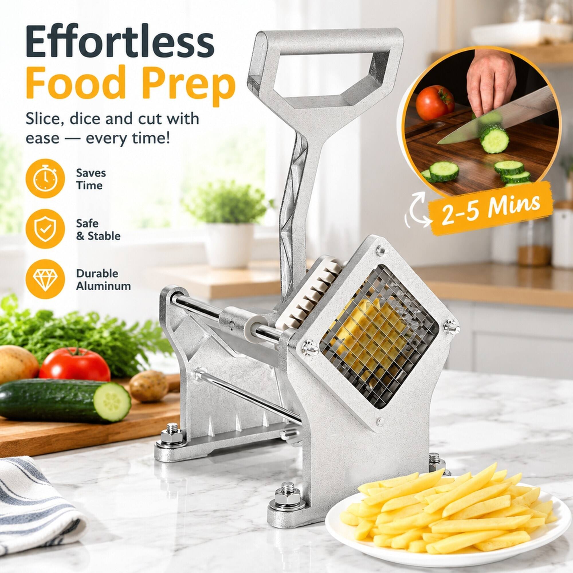 Effortless Food Prep  
Slice, dice and cut with ease — every time!  
Saves Time  
Safe & Stable  
Durable Aluminum  
2-5 Mins
