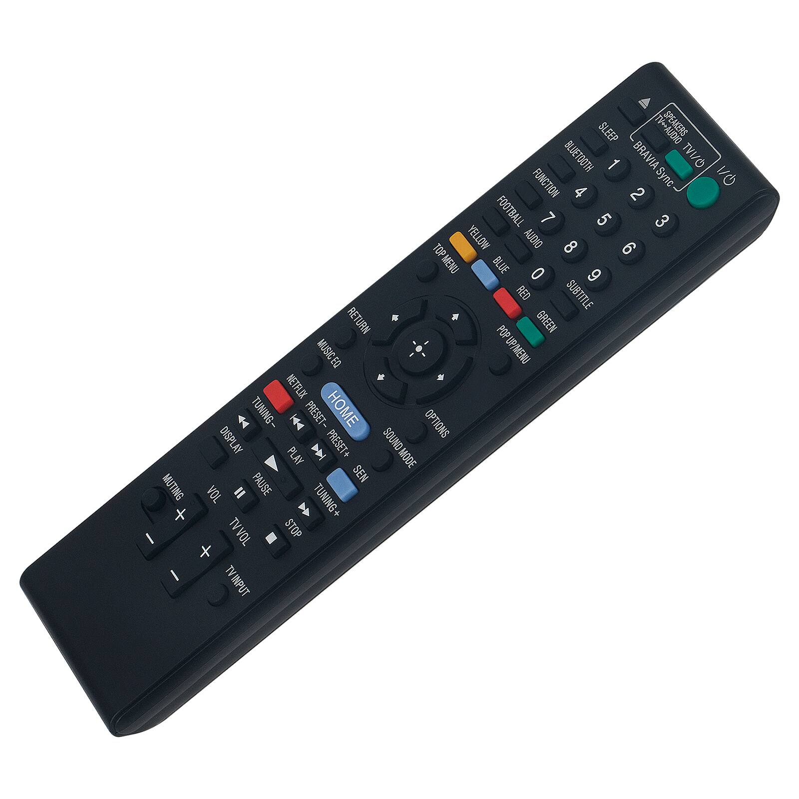 SLEEP  
SPEAKERS  
BLUETOOTH  
BRAVIA TV/I/O  
FUNCTION  
1 2 3 4 5 6 7 8 9 0  
FOOTBALL  
TOP YELLOW  
AUDIO  
BLUE  
SUBTITLE  
RETURN  
POP GREEN  
MUSIC EQ  
NETFLIX  
TUNING-  
PRESET-  
HOME  
OPTIONS  
DISPLAY  
PRESET+  
SOUND MODE  
ON/OFF  
PLAY  
MODE  
SEN  
MUTING  
VOL =  
PAUSE +  
TV VOL  
STOP +  
TV INPUT