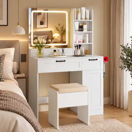 Front. WELLFOR - Makeup Vanity Desk with LED Lighted Mirror & Cushioned Stool, White Makeup Vanity Set with Charging Station - White.