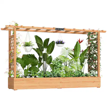 Front. Outsunny - Raised Garden Bed with Trellis, Wooden Planter Box with Hanging Roof and Drainage Holes.