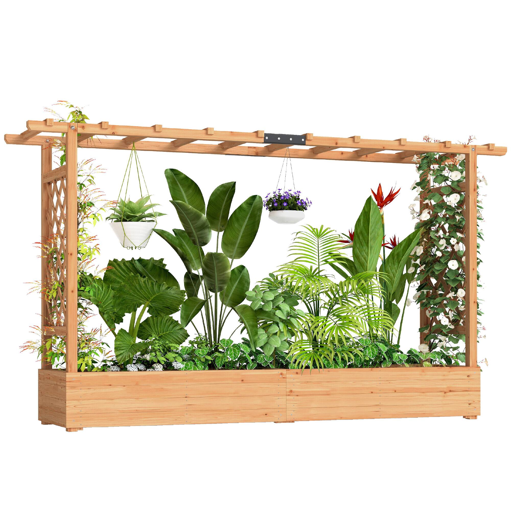 Outsunny - Raised Garden Bed with Trellis, Wooden Planter Box with Hanging Roof and Drainage Holes
