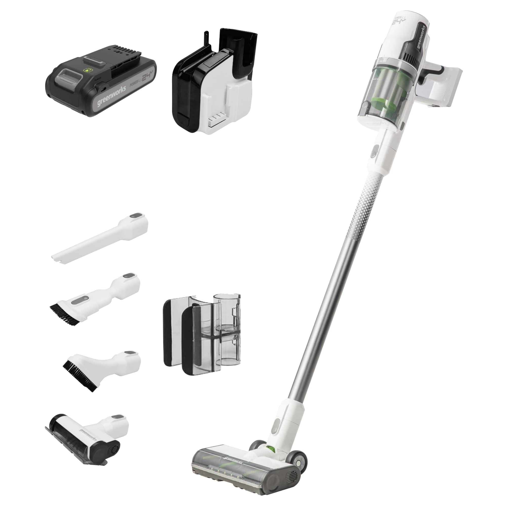 Greenworks - 24 Volt Stick Vacuum with 4ah Battery, Attachments, & Charger - White