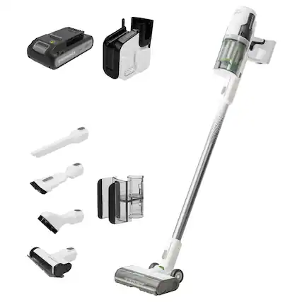 The image shows a collection of cleaning tools, including a vacuum cleaner and a broom. The vacuum cleaner is white and has a green handle, while the broom is white and black. The tools are displayed in a way that allows for easy identification and accessibility. The image also shows a close-up of the vacuum cleaner, highlighting its features and design.