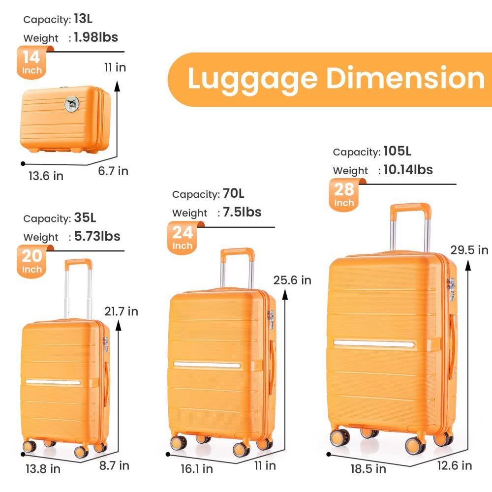 Luggage Dimension

14 Inch
- Capacity: 13L
- Weight: 1.98lbs
- Dimensions: 13.6 in x 11 in x 6.7 in

20 Inch
- Capacity: 35L
- Weight: 5.73lbs
- Dimensions: 21.7 in x 13.8 in x 8.7 in

24 Inch
- Capacity: 70L
- Weight: 7.5lbs
- Dimensions: 25.6 in x 16.1 in x 11 in

28 Inch
- Capacity: 105L
- Weight: 10.14lbs
- Dimensions: 29.5 in x 18.5 in x 12.6 in
