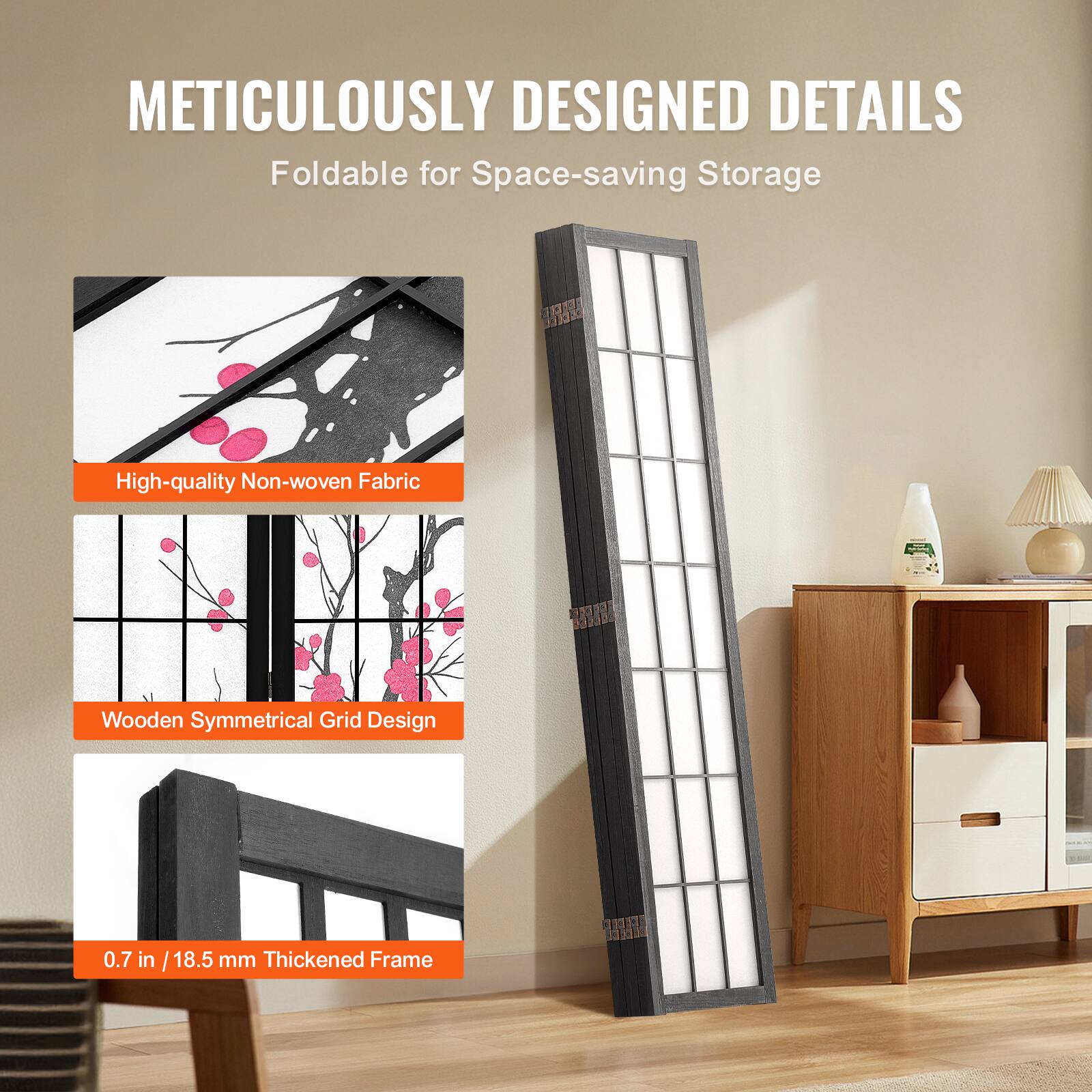 METICULOUSLY DESIGNED DETAILS  
Foldable for Space-saving Storage  

- High-quality Non-woven Fabric  
- Wooden Symmetrical Grid Design  
- 0.7 in / 18.5 mm Thickened Frame