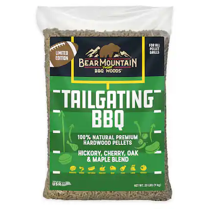 LIMITED EDITION
FOR ALL PELLET GRILLS
BEAR MOUNTAIN Premium BBQ WOODS
"TAILGATING" BBQ
100% NATURAL PREMIUM HARDWOOD PELLETS
HICKORY, CHERRY, OAK & MAPLE BLEND
BURGERS WINGS
HOT DOGS POULTRY
BEEF
PORK
LAMB
VEGGIES
MADE IN THE USA
NET WT. 20 LBS (9 kg)