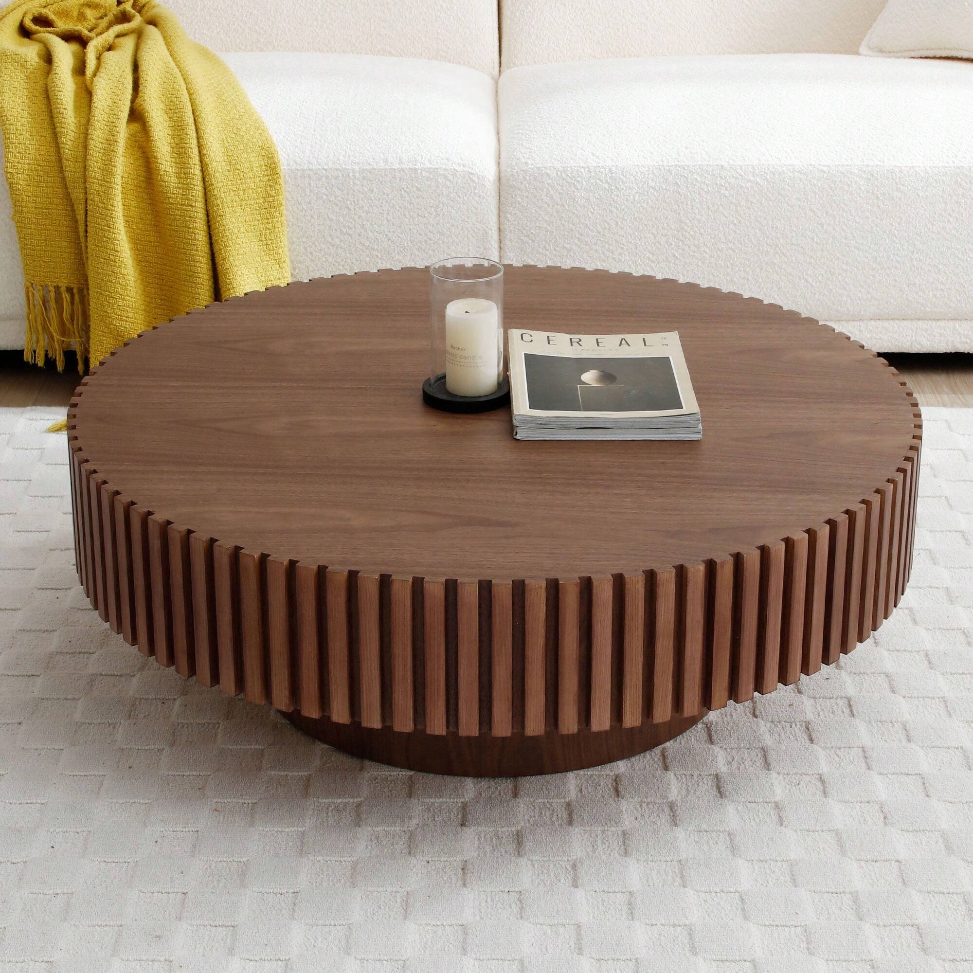 Angle. Trinkets Crazed - 31.49" Round Coffee Table Wood, Circle Coffee Table,Drum Fluted Coffee Accent End Side Center Table - Walnut.