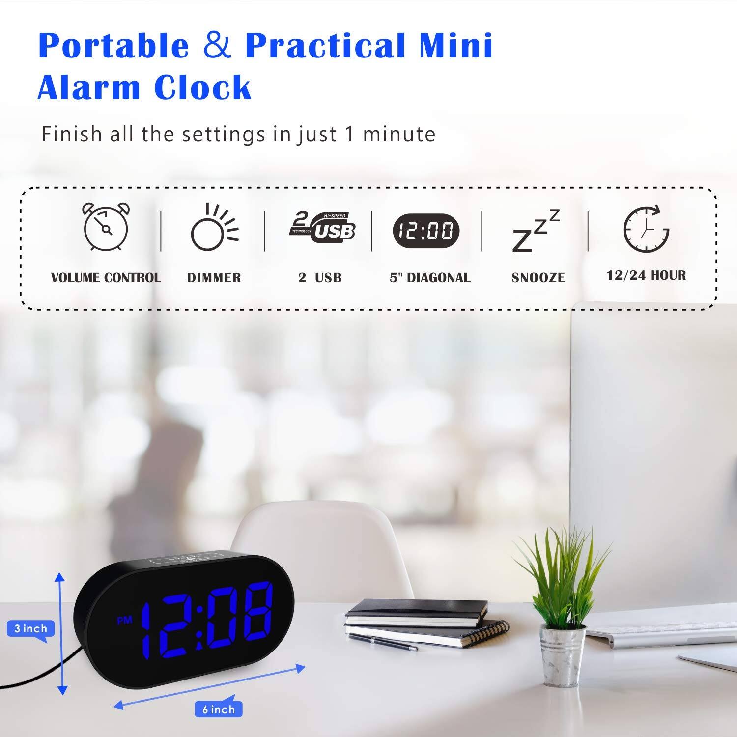 Portable & Practical Mini Alarm Clock

Finish all the settings in just 1 minute

- VOLUME CONTROL
- DIMMER
- 2 USB
- 5" DIAGONAL
- SNOOZE
- 12/24 HOUR

12:00

3 inch
6 inch