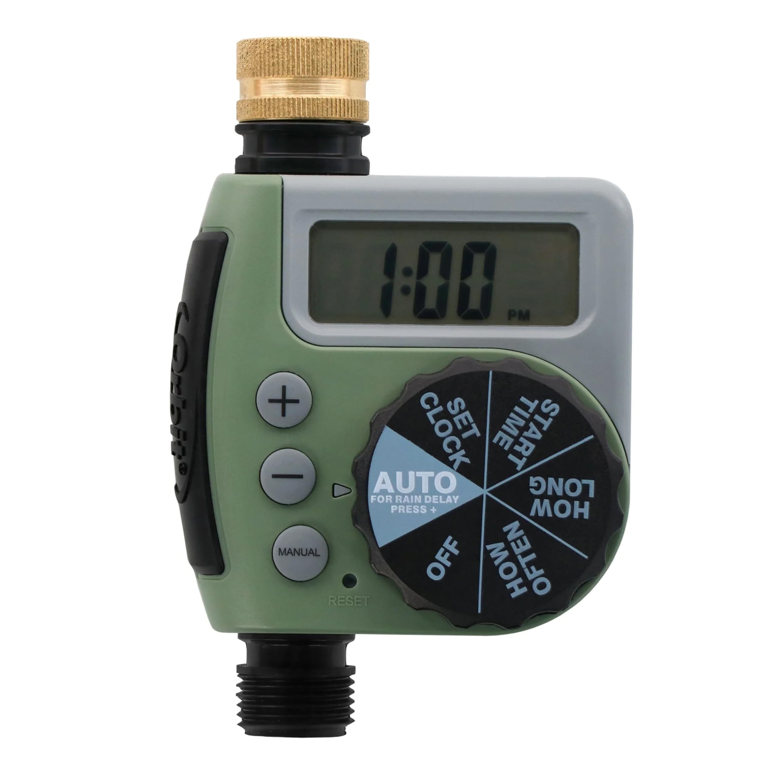 CK 1:00 PM + CLOCK SET TIME START AUTO LONG FOR RAIN DELAY PRESS + HOW MANUAL OFF HOW OFTEN RESET

Corrected text:
- CK 1:00 PM
- CLOCK SET TIME START
- AUTO LONG FOR RAIN DELAY PRESS +
- HOW MANUAL OFF
- HOW OFTEN RESET