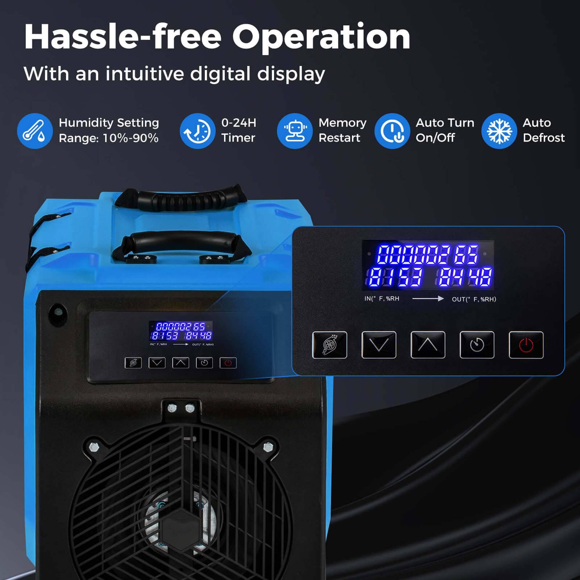 Hassle-free operation with an intuitive digital display. Humidity setting range: 10%-90%. 0-24H timer. Memory. Restart. Auto turn on/off. Auto defrost.