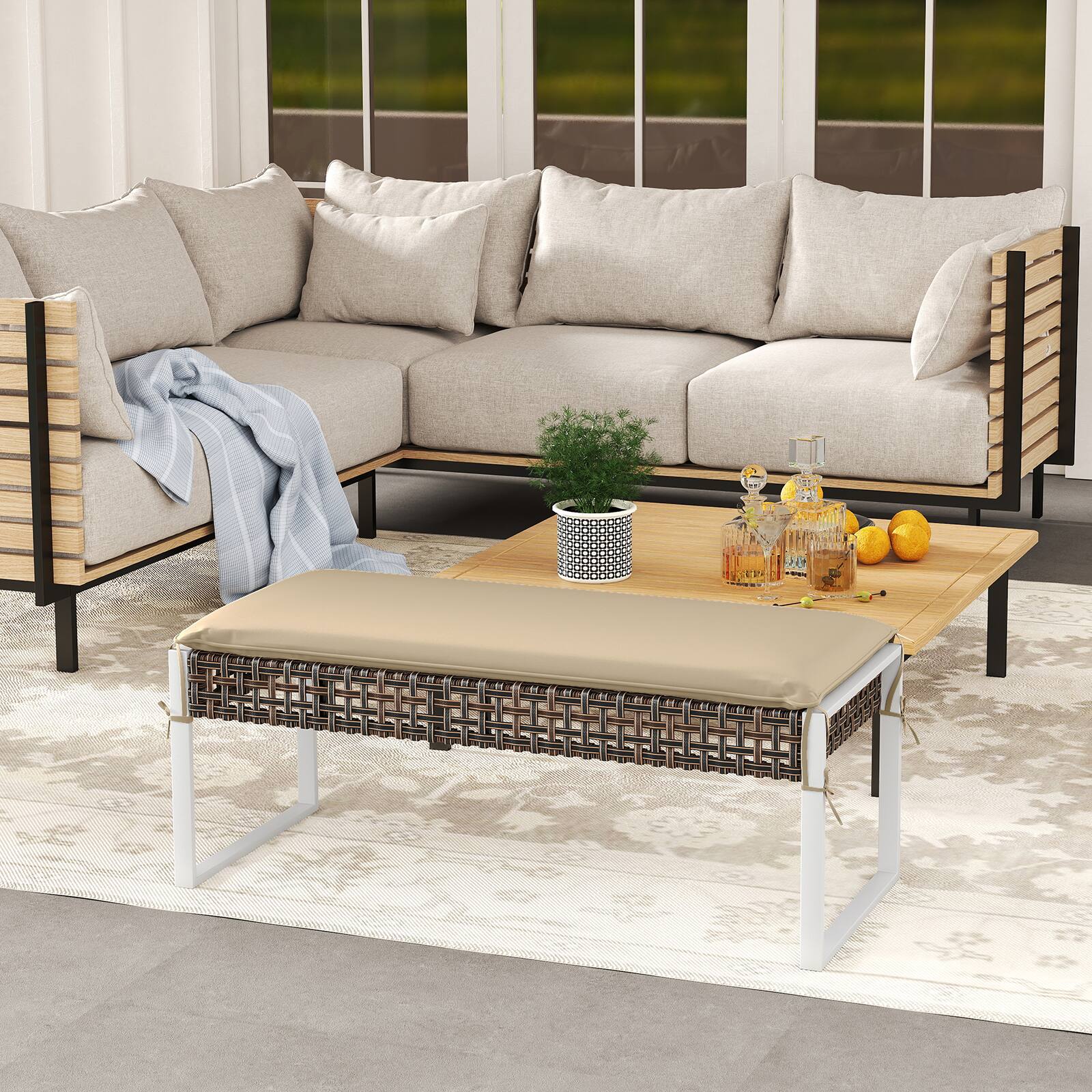 Alt View 3. Costway - Costway Outdoor Ottoman Bench Patio PE Rattan Footrest w/ Soft Cushion & Metal Frame - Brown,Beige.