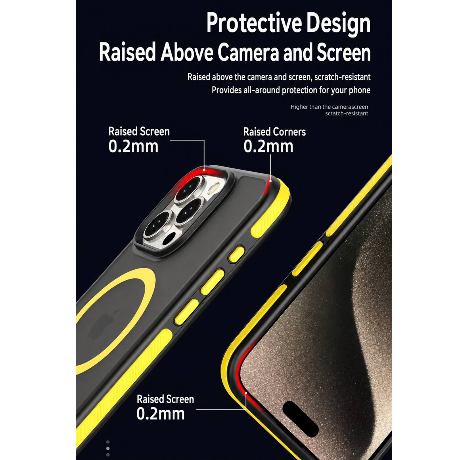 Protective Design  
Raised Above Camera and Screen  

Raised above the camera and screen, scratch-resistant  
Provides all-around protection for your phone  

Higher than the camera screen scratch-resistant  

Raised Screen 0.2mm  
Raised Corners 0.2mm  
Raised Screen 0.2mm