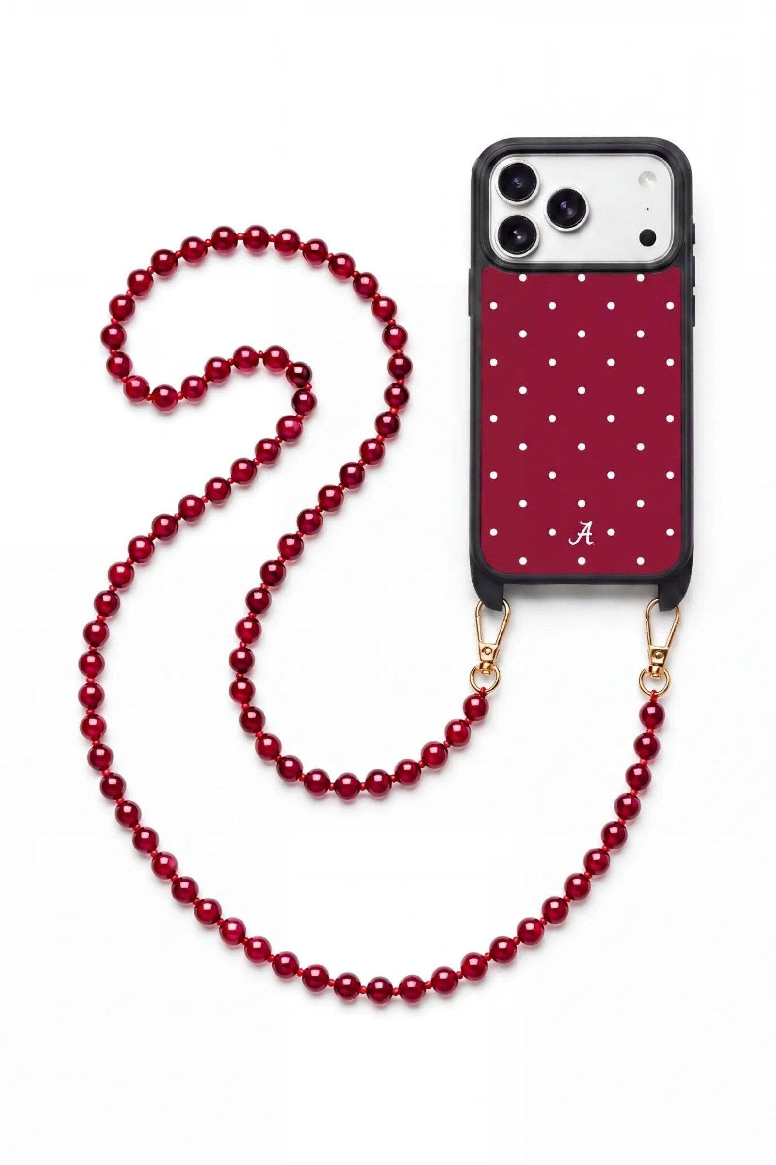 Front. Cordée Cases - University of Alabama Crossbody Phone Chain Set - iPhone 15 Pro Max - Red Polka Dot.