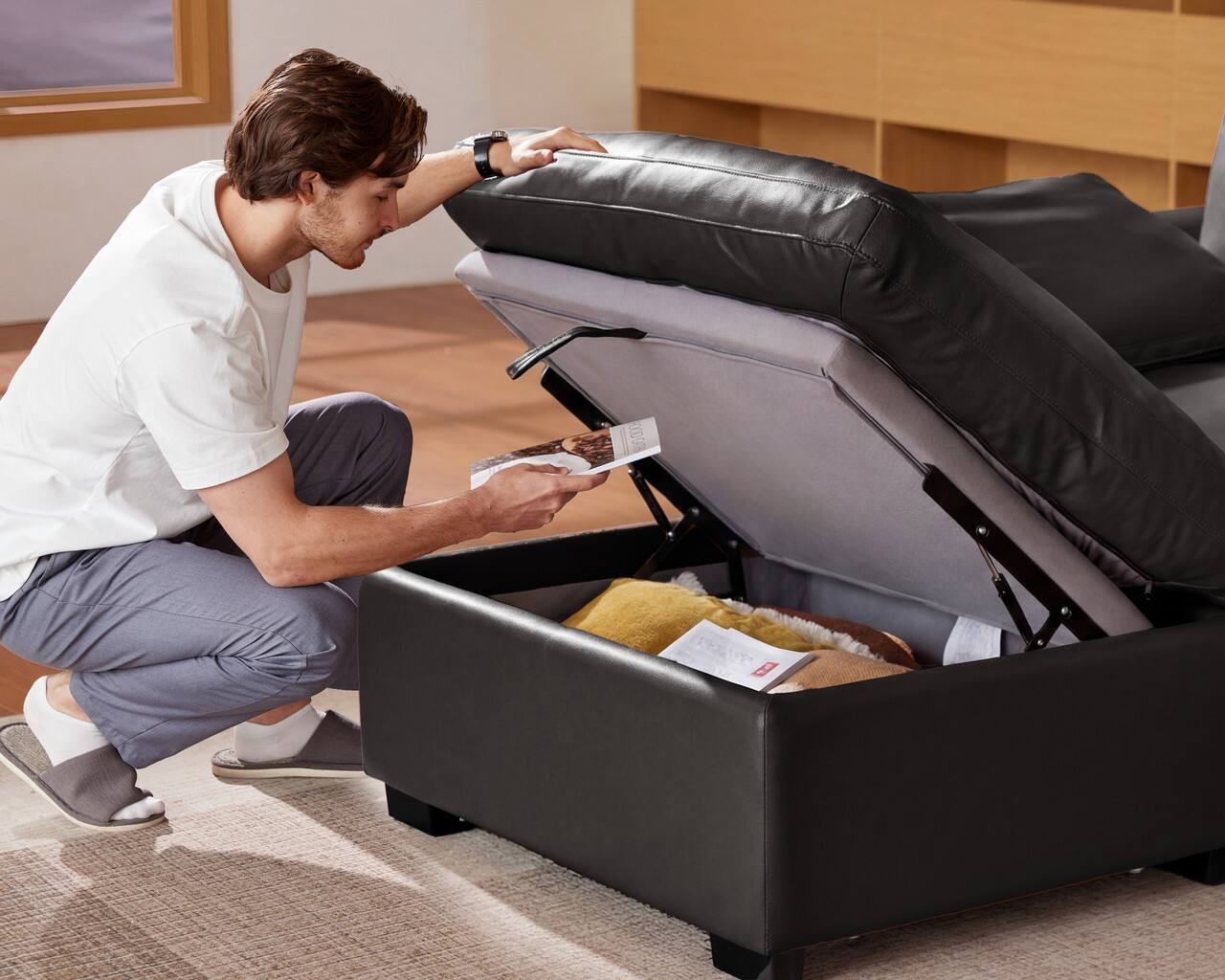 Back. Dyonery - Dyonery 120" Sectional Couches,Modern Modular Sectional Sofa,with Comfy Deep Seats,Fluffy L-Shape PU Leather Sofa Couch - Black.