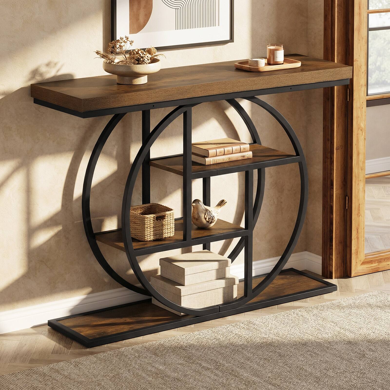 Alt View 3. Gymax - Gymax 4-Tier Console Table w/Storage Shelves Circle Base Accent Behind Couch Table Rustic Brown - Brown.