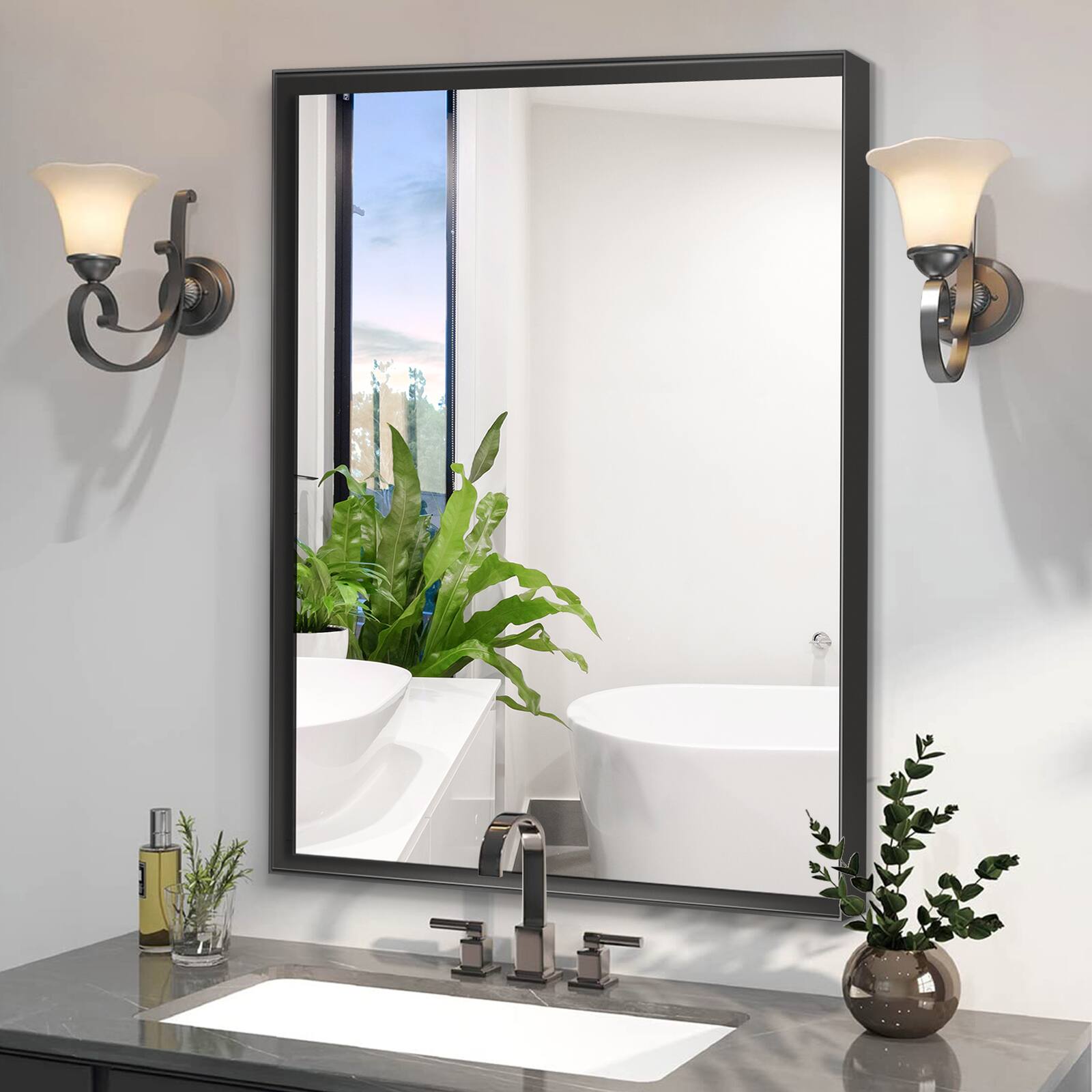 APRILSOUL - 36x24inch Rectangular Bathroom Mirror Metal Frame Wall Mounted - Black