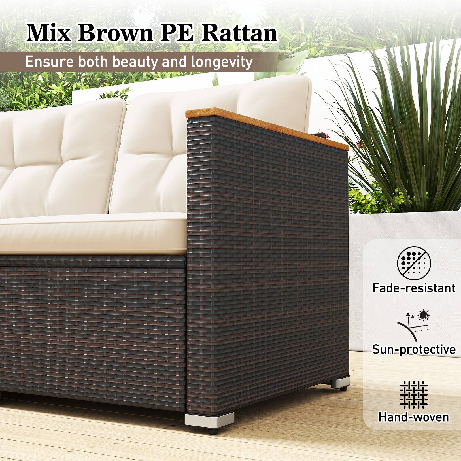 Mix Brown PE Rattan  
Ensure both beauty and longevity  

- Fade-resistant  
- Sun-protective  
- Hand-woven