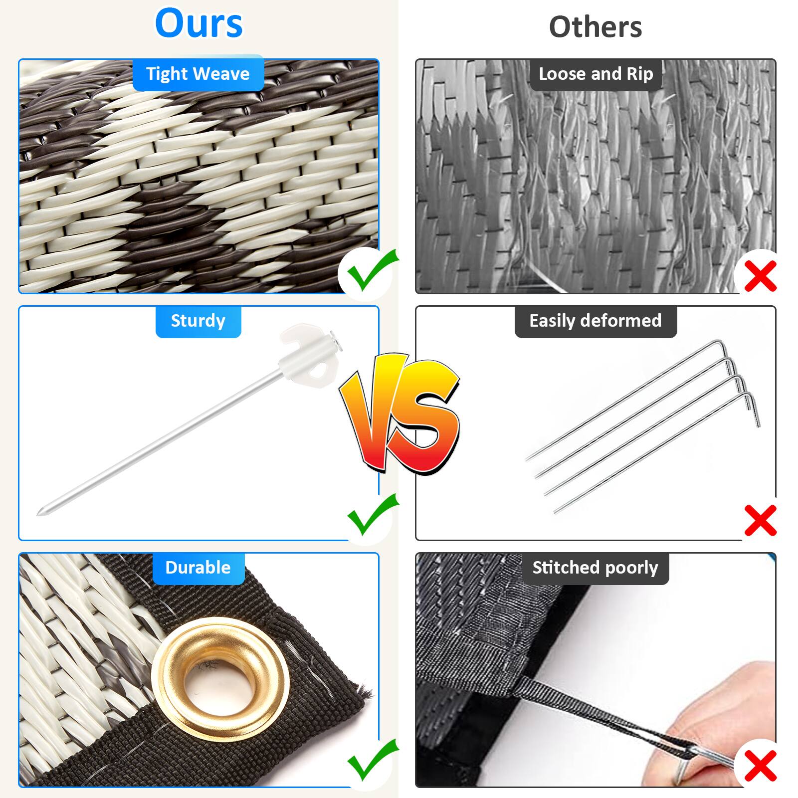 Ours  
- Tight Weave  
- Sturdy  
- Durable  

Others  
- Loose and Rip  
- Easily deformed  
- Stitched poorly