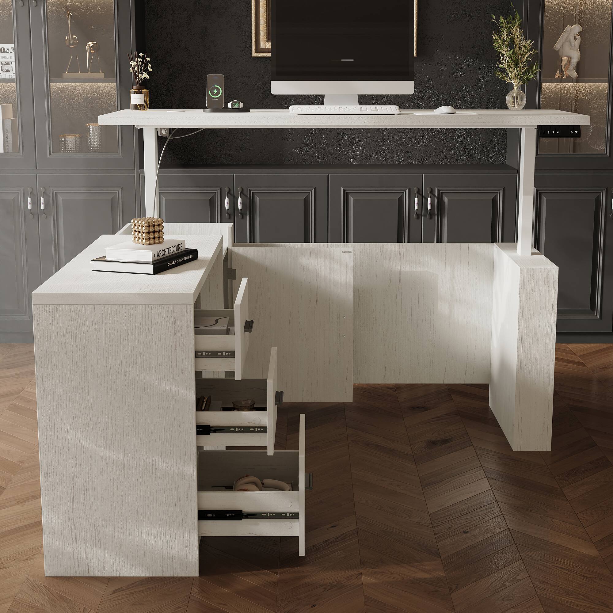 Back. Famapy - L-Shaped Electric Standing Desk with 4 Memory Presets–63" Dual-Surface Workstation for Home Office, Gaming - White.