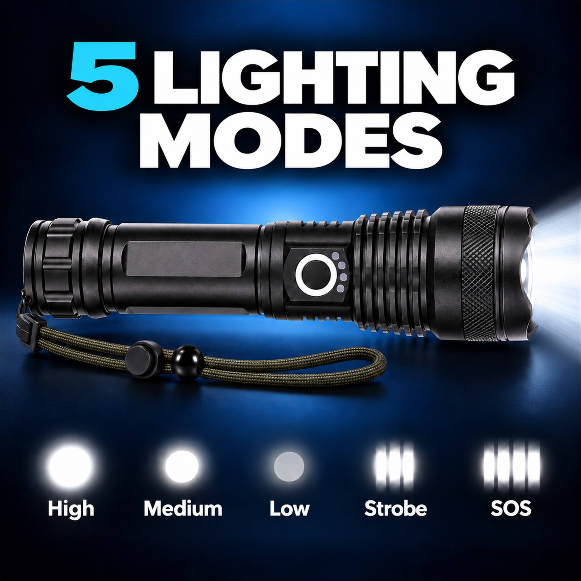 5 LIGHTING MODES
High
Medium
Low
Strobe
SOS