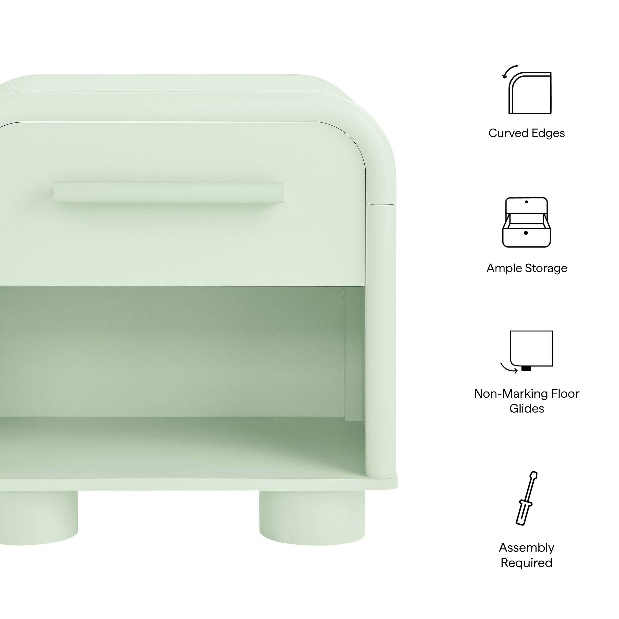Curved Edges  
Ample Storage  
Non-Marking Floor Glides  
Assembly Required