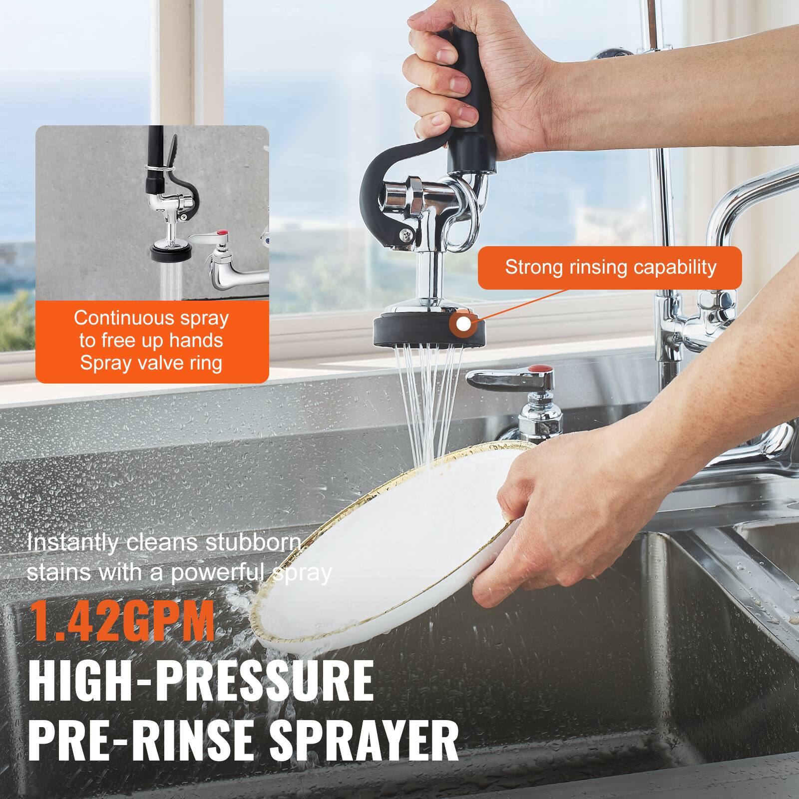 - Continuous spray to free up hands
- Spray valve ring
- Strong rinsing capability
- Instantly cleans stubborn stains with a powerful spray
- 1.42GPM
- HIGH-PRESSURE PRE-RINSE SPRAYER