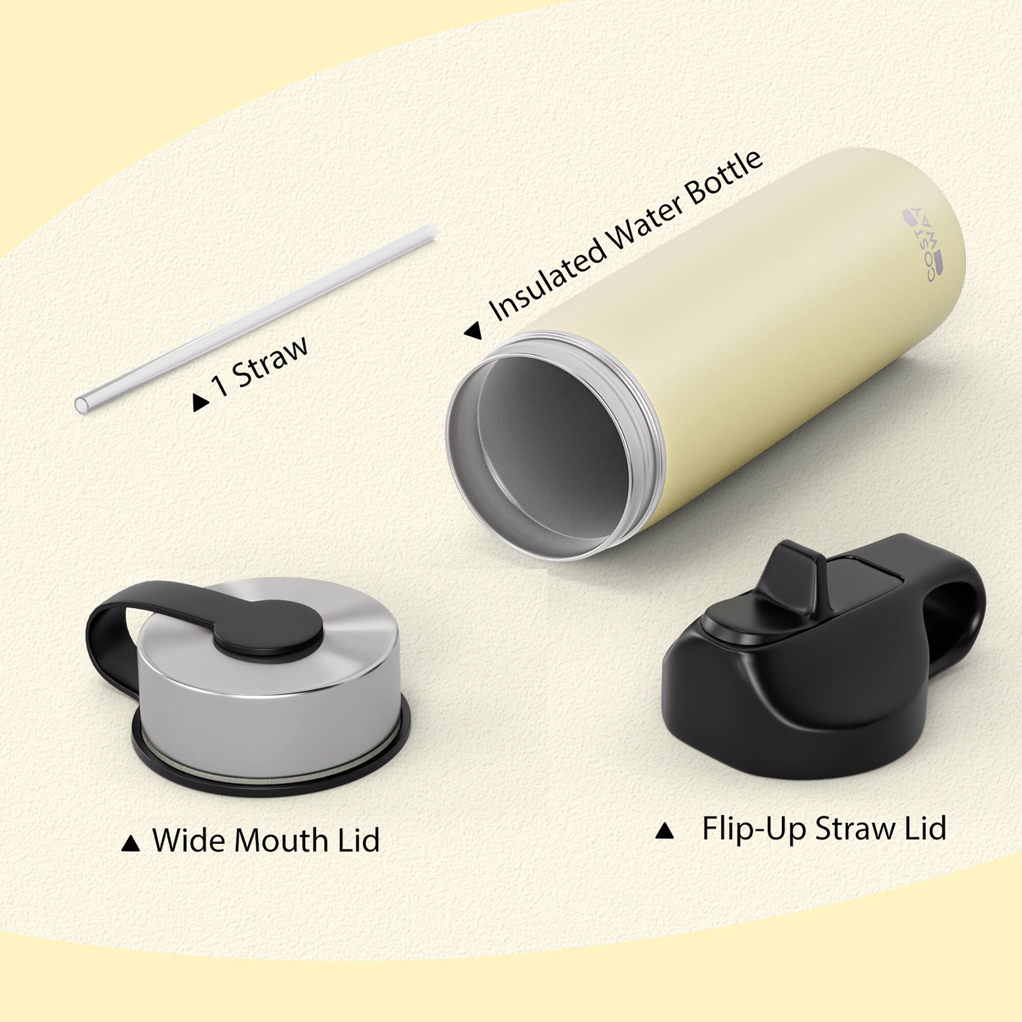 1 Straw Bottle Water Insulated W

- 1 Straw
- Insulated Water Bottle
- Wide Mouth Lid
- Flip-Up Straw Lid